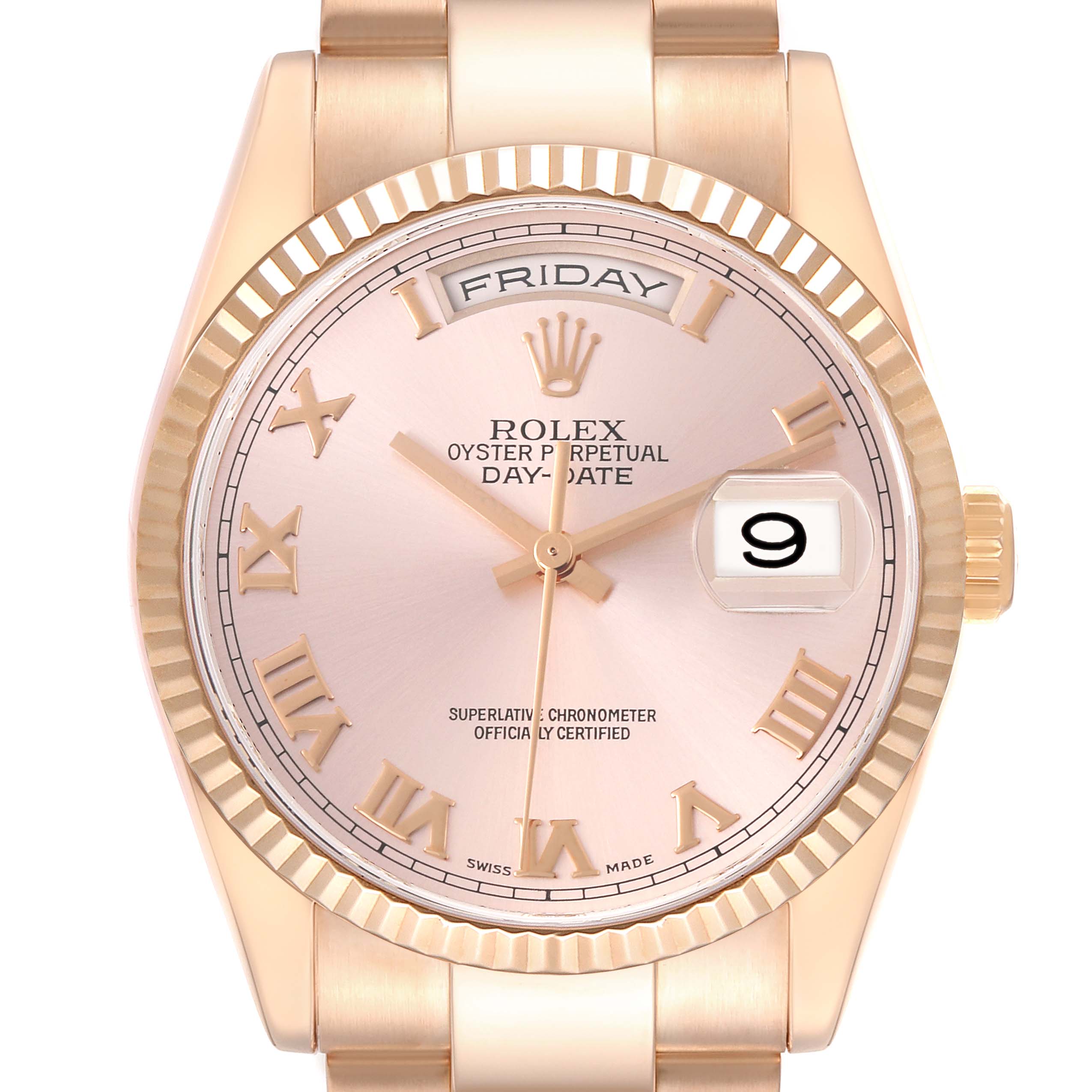 The Rolex President 118235 Men
s Rose Gold Pink Dial 118235 Men
s Rose Gold Pink Dial watch is shown from the front, highlighting the dial, day and date windows, and fluted bezel.