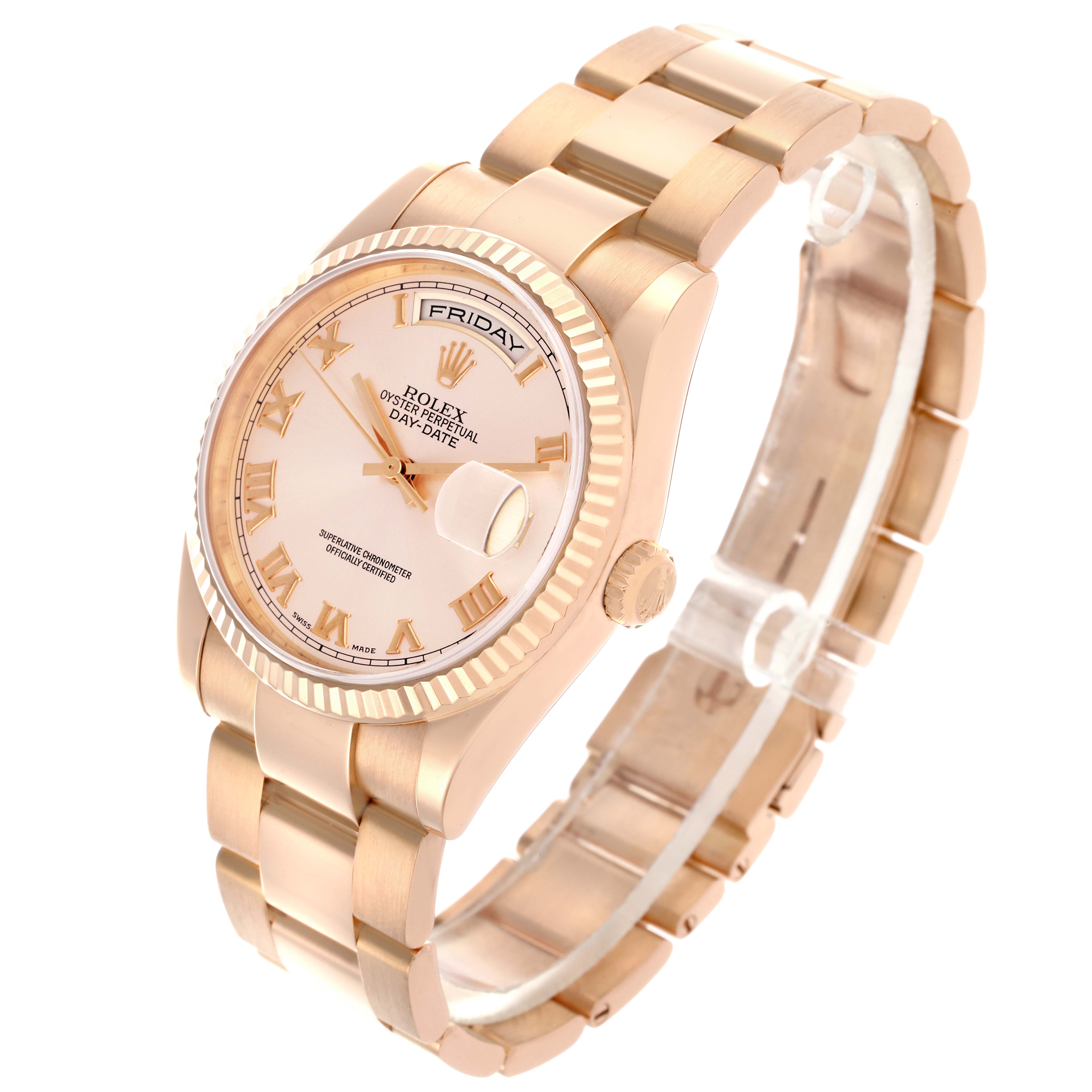 The Rolex President 118235 Men
s Rose Gold Pink Dial 118235 Men
s Rose Gold Pink Dial model is shown at an oblique angle, highlighting the face, bezel, and bracelet.