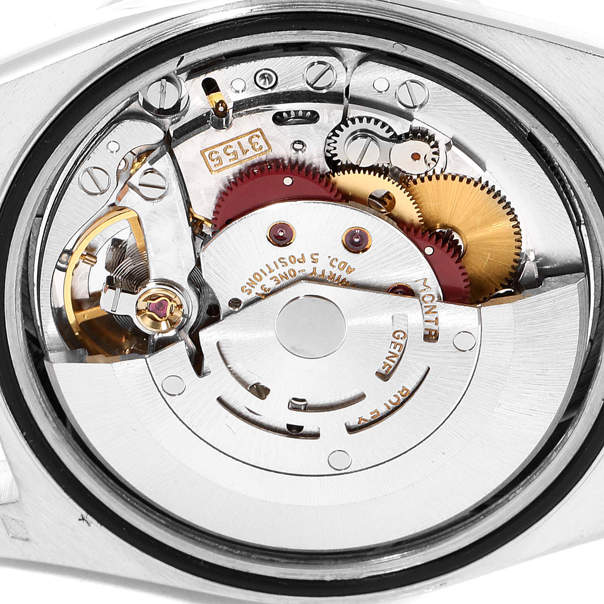 This image shows the movement mechanism of a Rolex President 18346 Men's Platinum Silver Dial 18346 Men's Platinum Silver Dial model watch from a close-up angle.