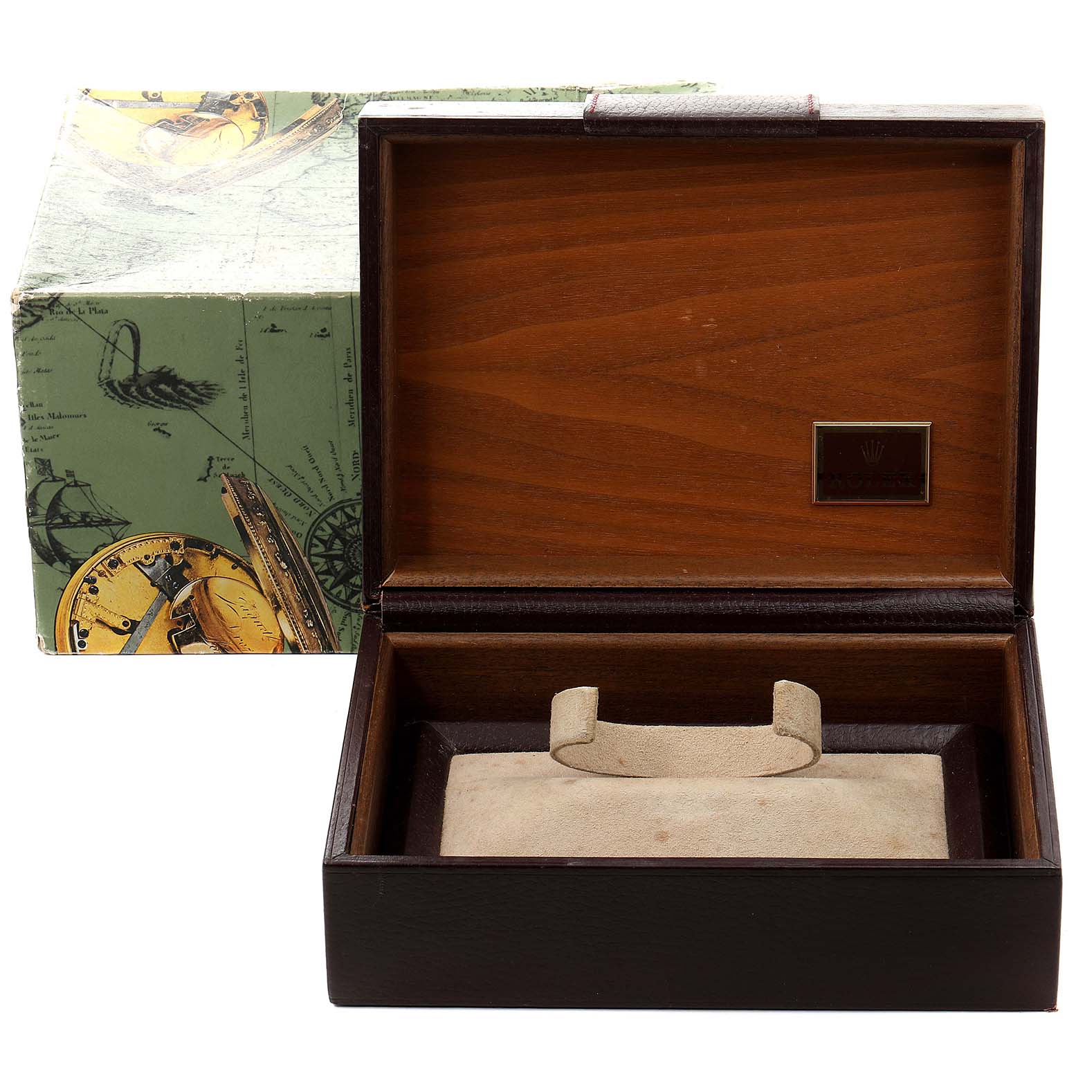 This image shows the watch box and outer packaging for a Rolex President 18346 Men's Platinum Silver Dial 18346 Men's Platinum Silver Dial model.