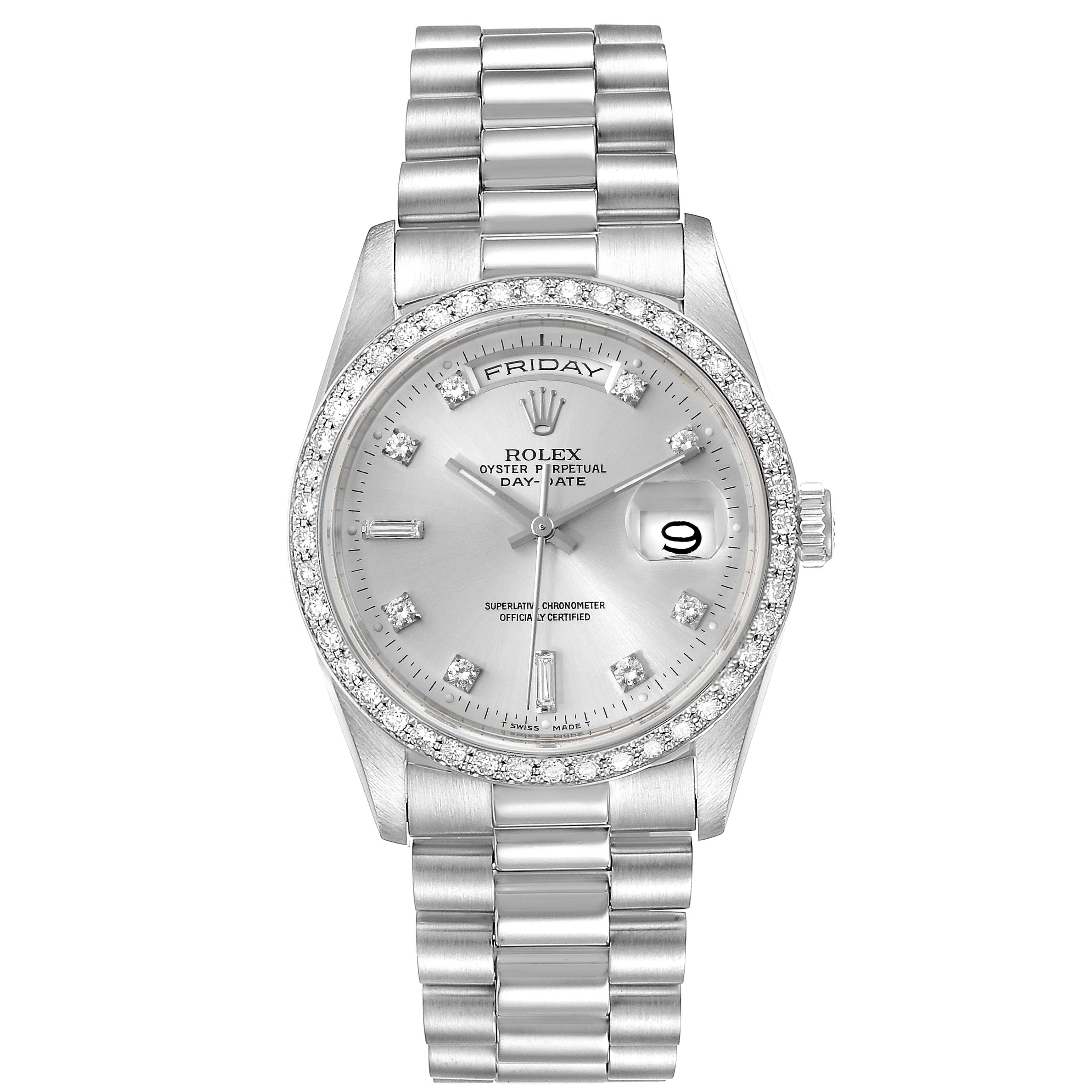 This image shows a full frontal view of a Rolex President 18346 Men's Platinum Silver Dial 18346 Men's Platinum Silver Dial model watch, displaying the face, bezel, bracelet, and crown.