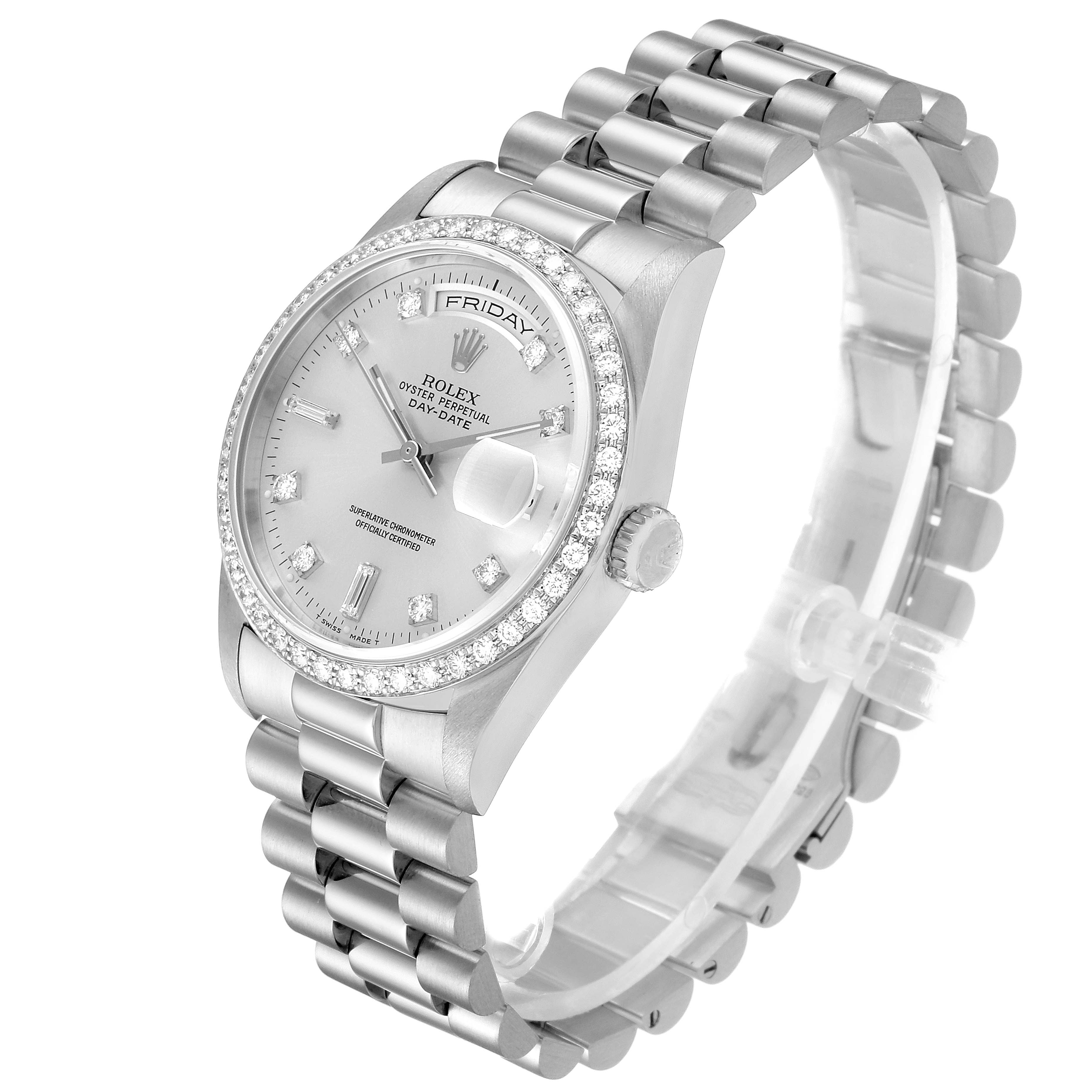 The Rolex President 18346 Men's Platinum Silver Dial 18346 Men's Platinum Silver Dial model watch is shown at a slight angle, displaying its band, face, crown, bezel, and day-date feature.