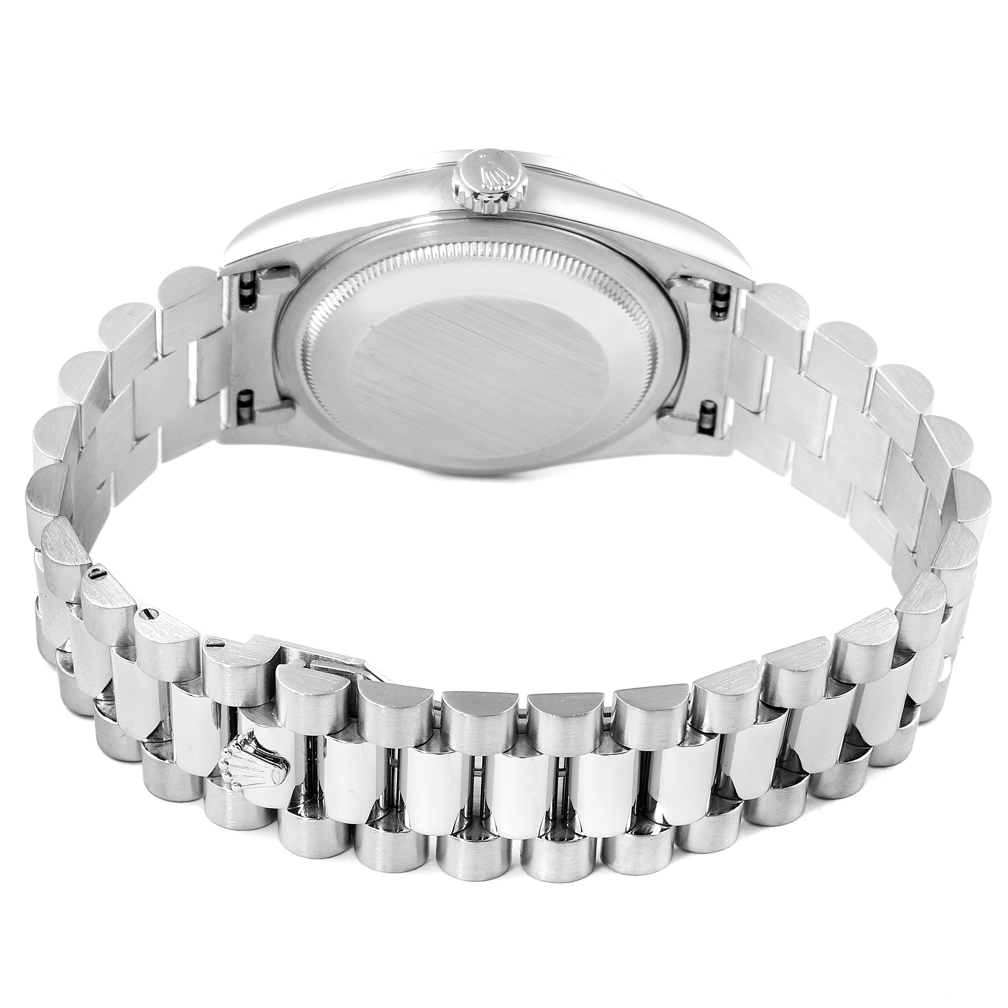 This image shows the back view of a Rolex President 18346 Men's Platinum Silver Dial 18346 Men's Platinum Silver Dial model watch, focusing on the case back and metal bracelet.