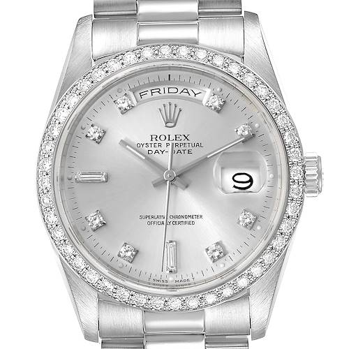 Photo of Rolex President Day-Date Silver Dial Platinum Diamond Mens Watch 18346 Box