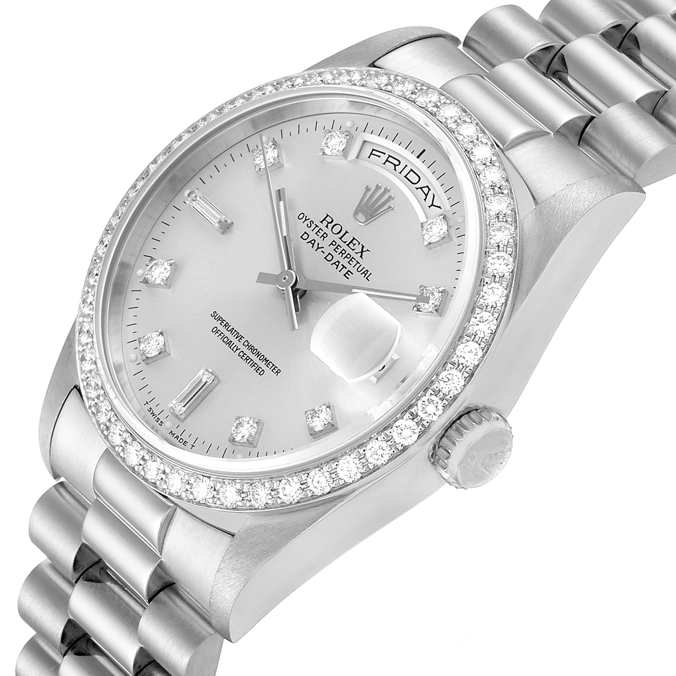 This image shows a Rolex President 18346 Men's Platinum Silver Dial 18346 Men's Platinum Silver Dial model watch at a slight angle, highlighting the dial, bezel, crown, and part of the bracelet.