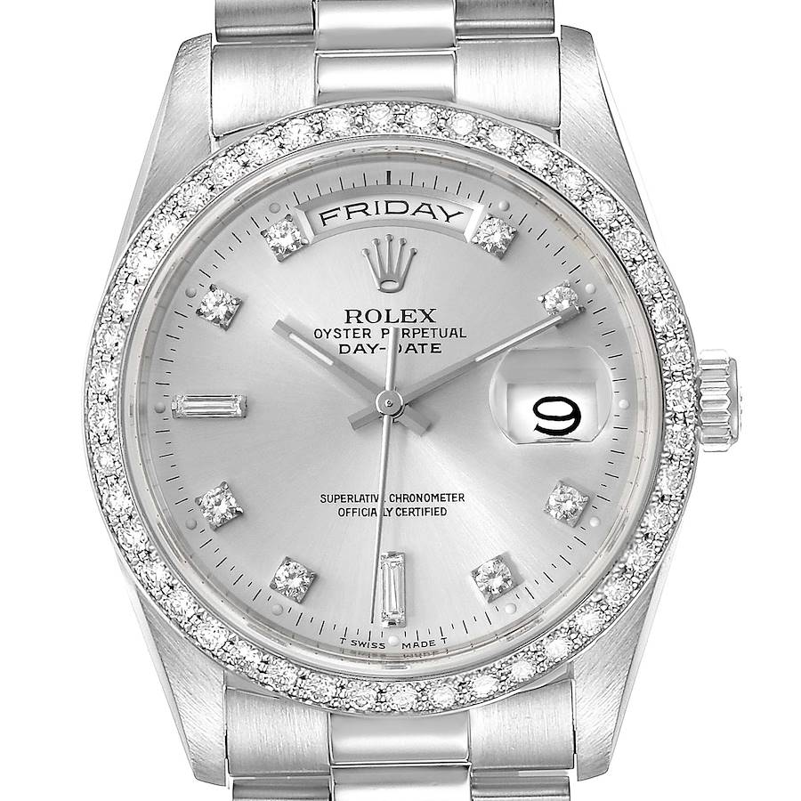 Rolex President Day-Date Silver Dial Platinum Diamond Mens Watch 18346 Box SwissWatchExpo