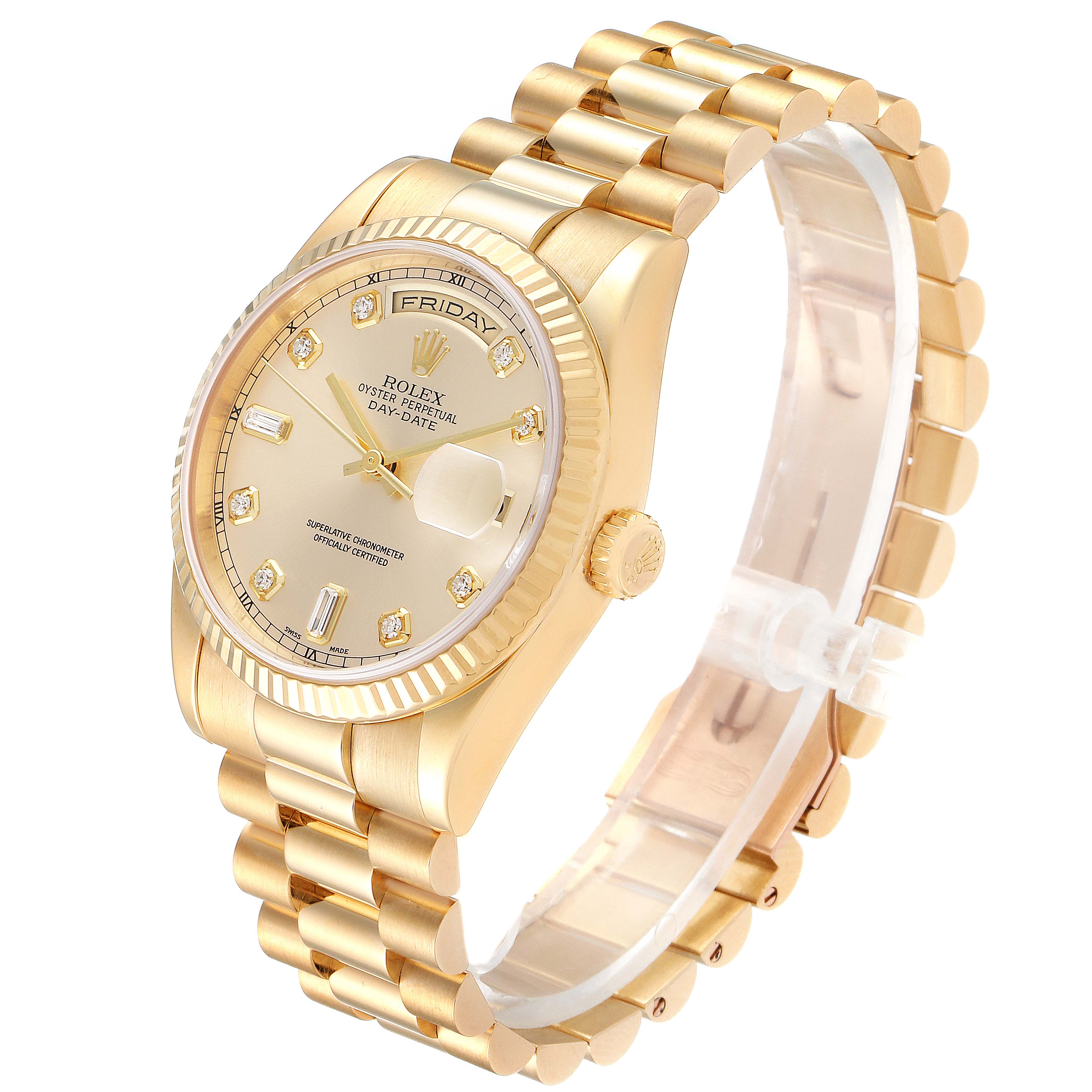 The Rolex President 118238 Men
s Yellow Gold Champagne Dial 118238 Men
s Yellow Gold Champagne Dial model watch is shown at a slight angle, highlighting the face, bracelet, and crown.