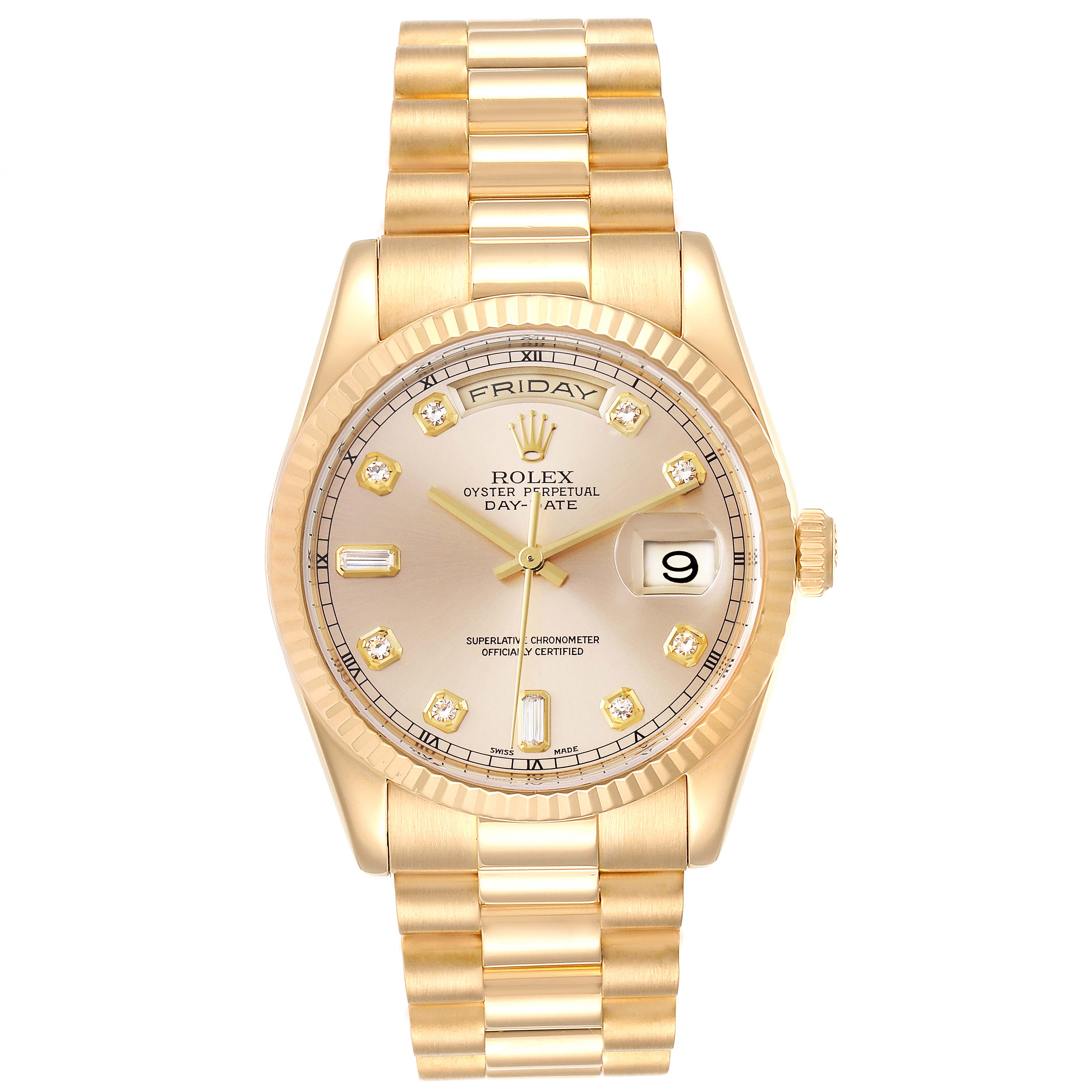 This image shows a front view of a Rolex President 118238 Men
s Yellow Gold Champagne Dial 118238 Men
s Yellow Gold Champagne Dial model watch, highlighting the face, bracelet, and date display.