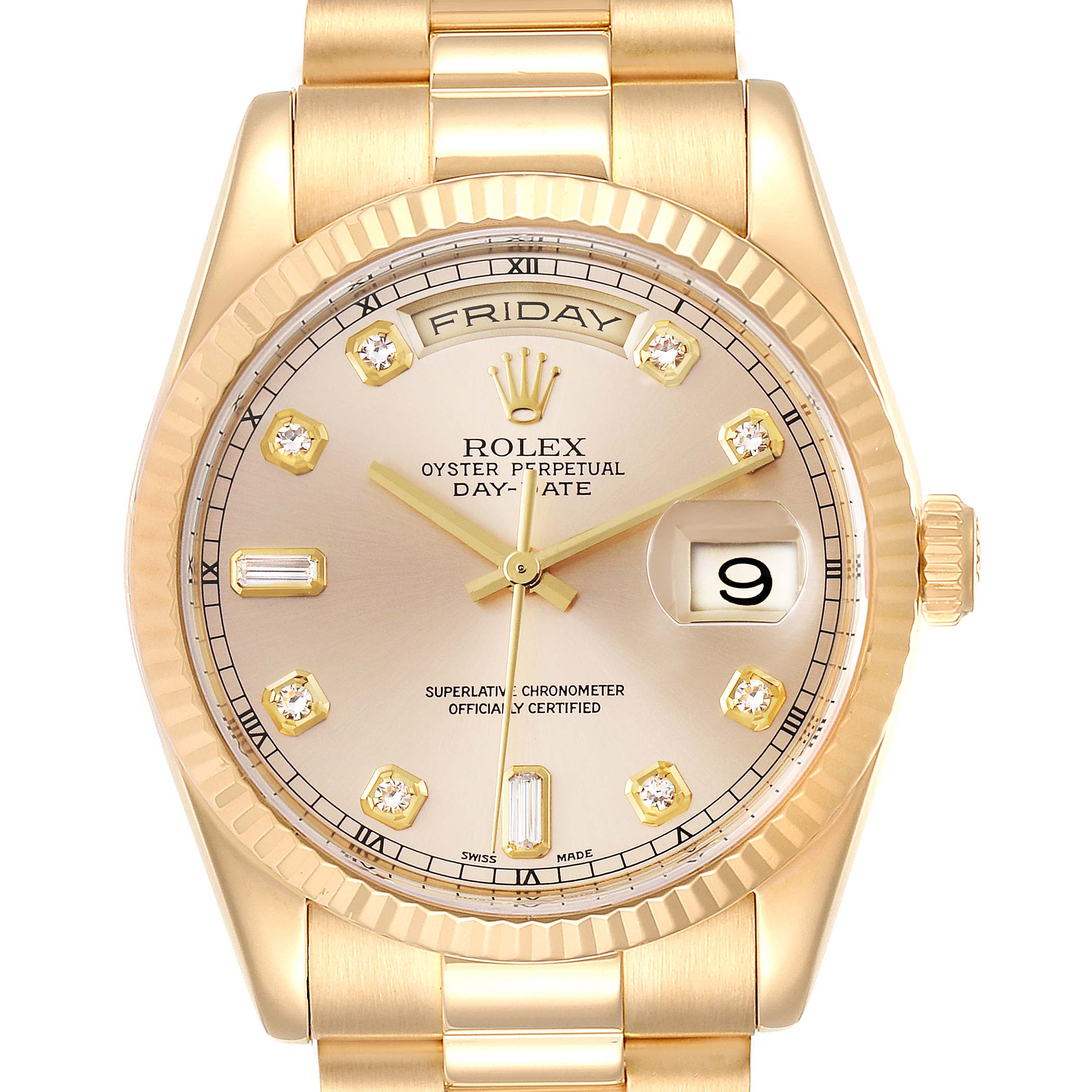 This image shows the face, bezel, and bracelet of a Rolex President 118238 Men
s Yellow Gold Champagne Dial 118238 Men
s Yellow Gold Champagne Dial model watch from a front angle.