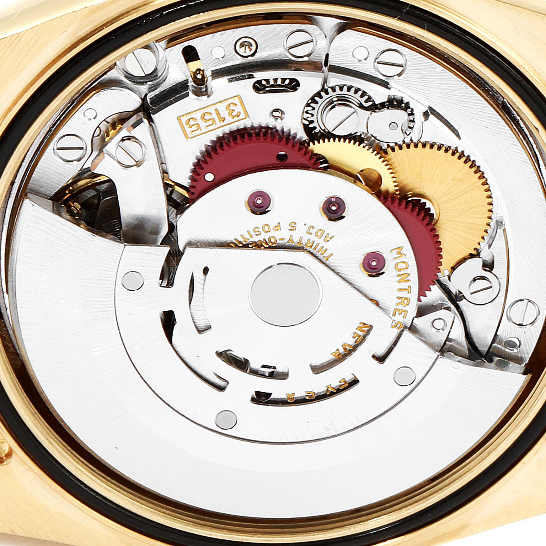 Close-up view of the open case back, exposing the internal movement of a Rolex President 118238 Men
s Yellow Gold Champagne Dial 118238 Men
s Yellow Gold Champagne Dial watch.