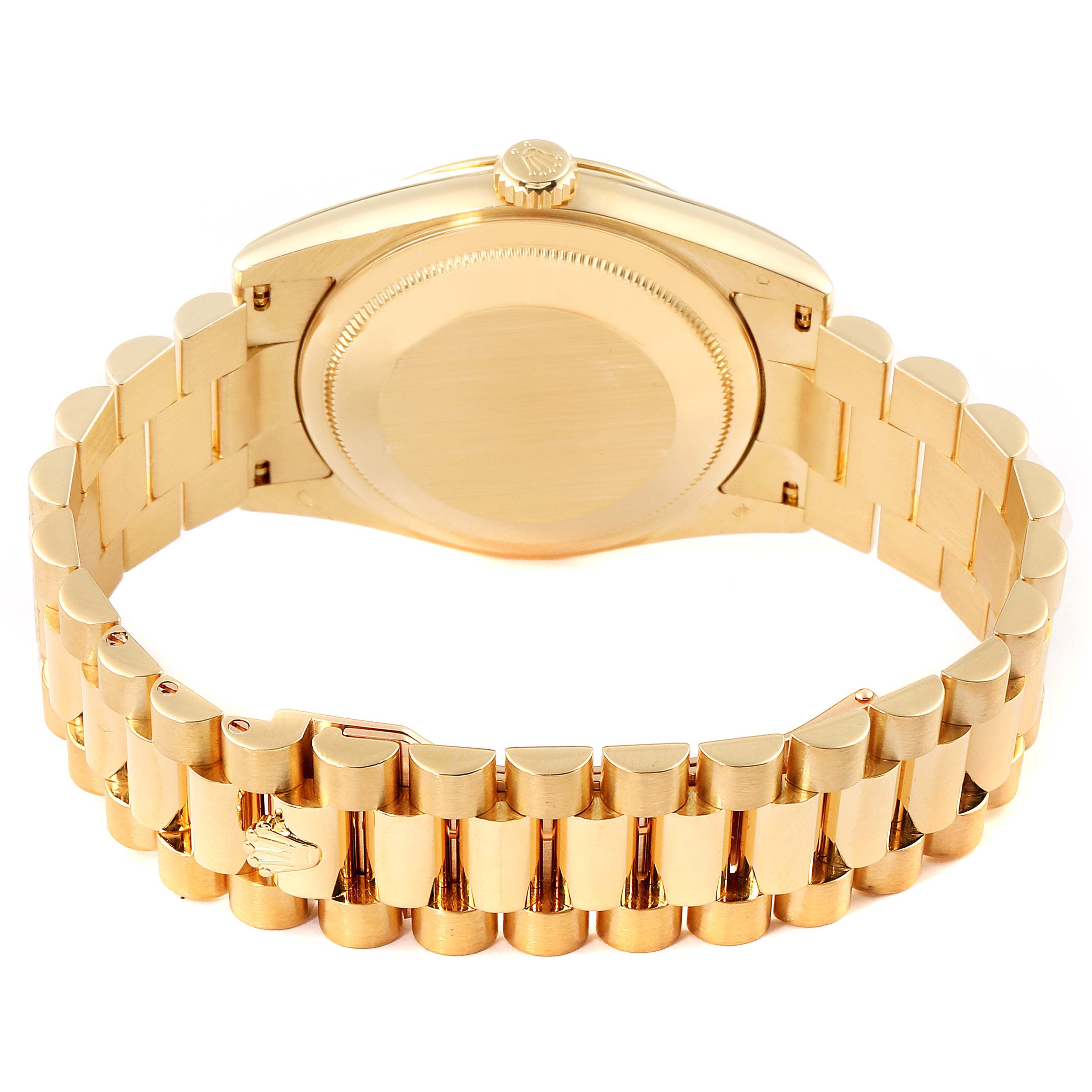 The image shows the back and bracelet of a Rolex President 118238 Men
s Yellow Gold Champagne Dial 118238 Men
s Yellow Gold Champagne Dial model watch, viewed from a rear angle.