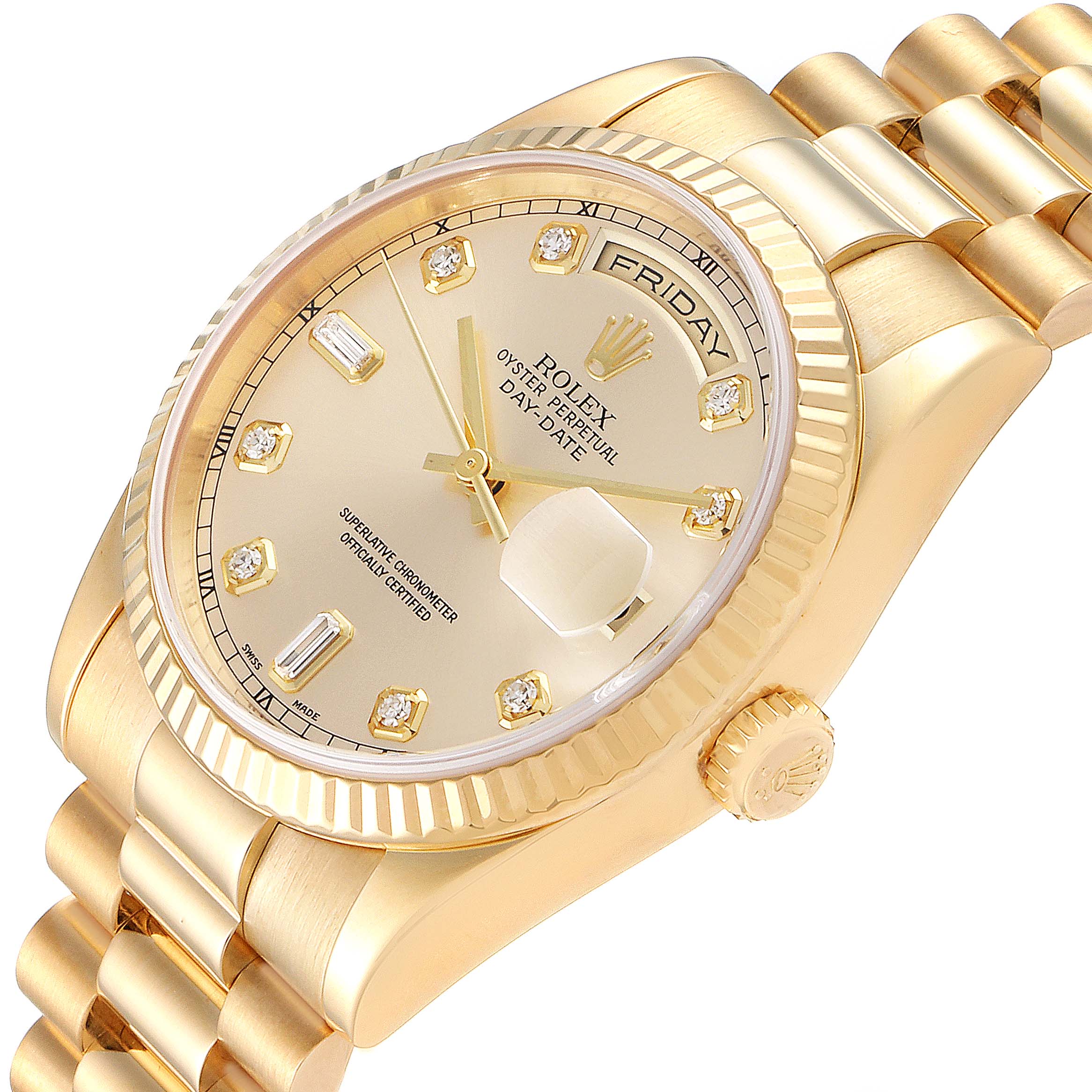 This image shows the dial, bezel, and part of the bracelet of a Rolex President 118238 Men
s Yellow Gold Champagne Dial 118238 Men
s Yellow Gold Champagne Dial model from a slightly angled top-down view.