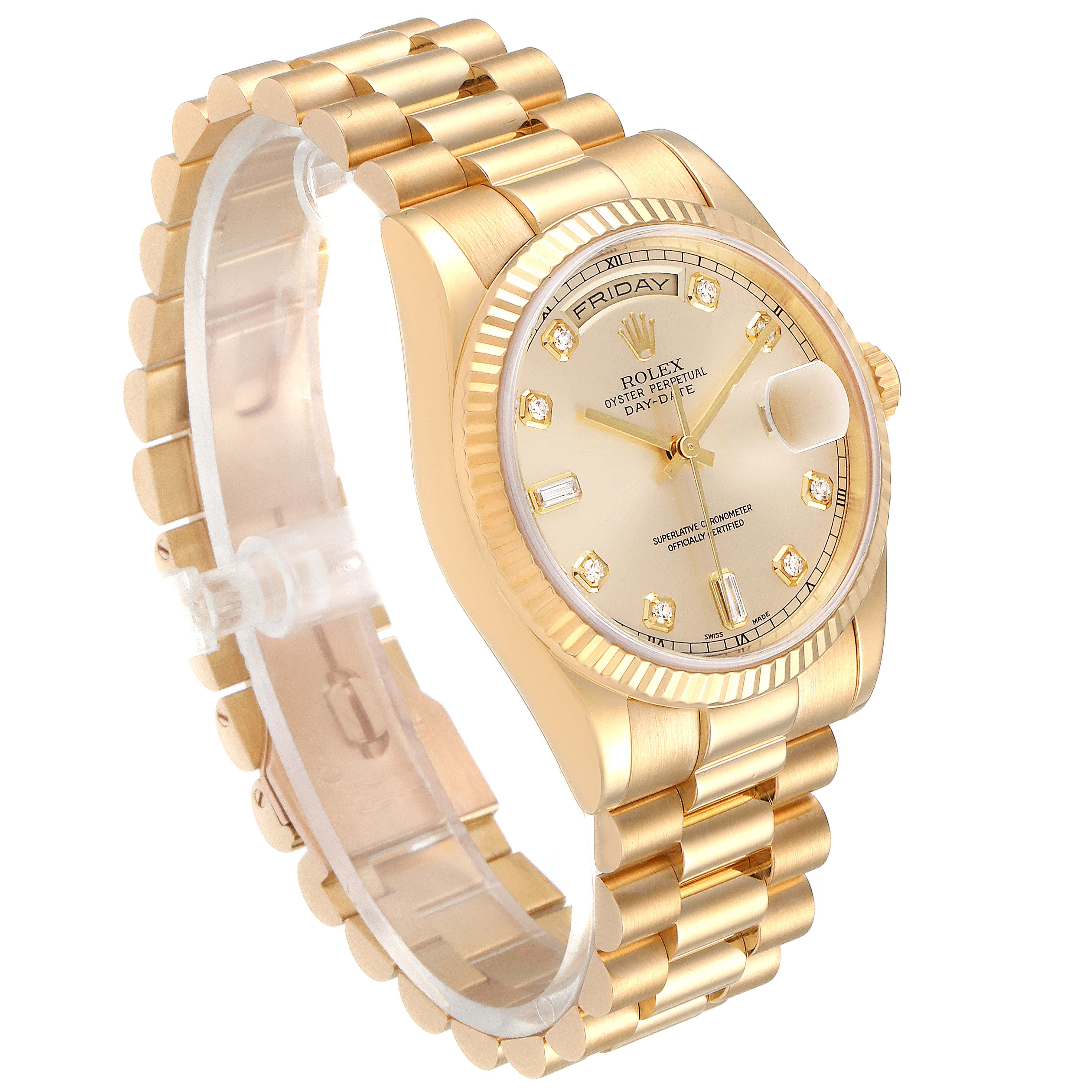 The image shows a Rolex President 118238 Men
s Yellow Gold Champagne Dial 118238 Men
s Yellow Gold Champagne Dial model watch at an angled view, displaying its gold bracelet, bezel, and dial.