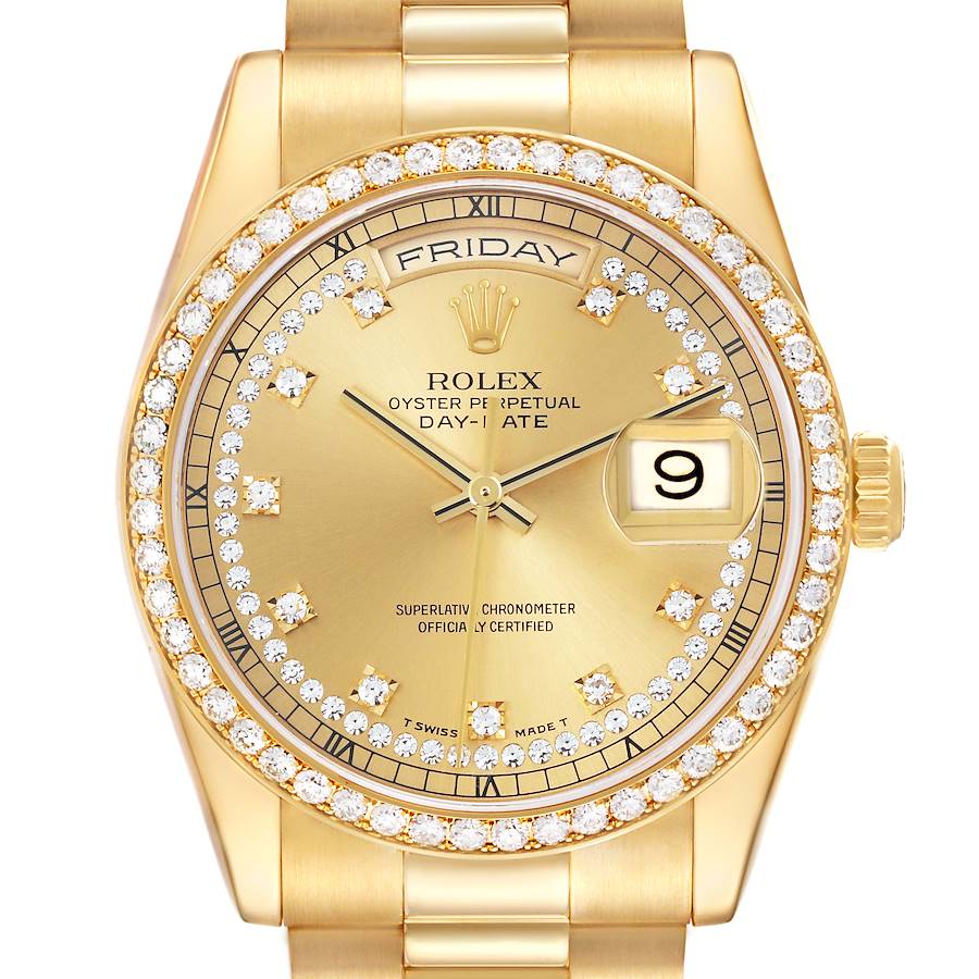 The image shows a frontal view of the Rolex President model, highlighting its dial, bezel, and part of the bracelet.