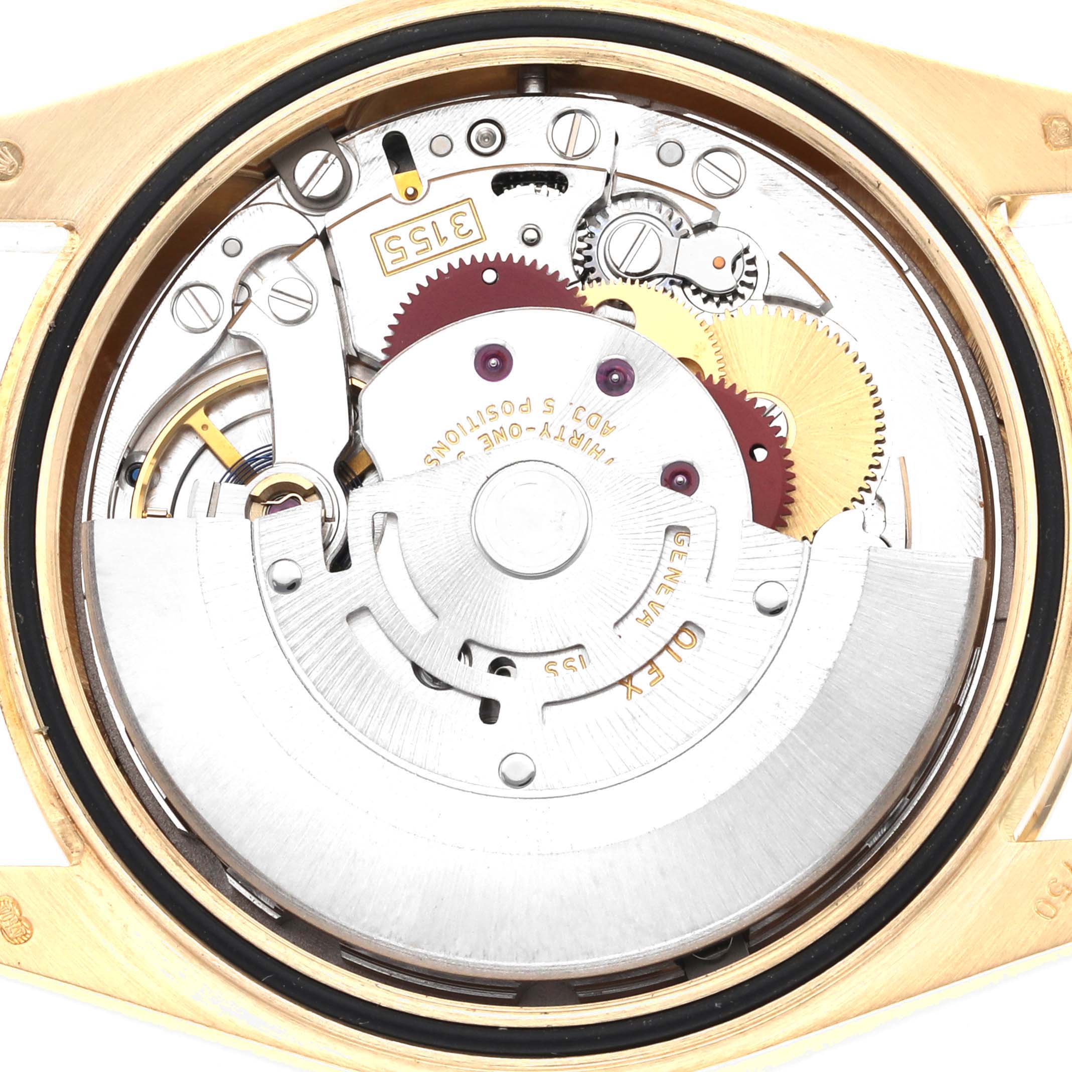 The image shows the internal mechanism of a Rolex President 118348 Men
s Yellow Gold Champagne Dial 118348 Men
s Yellow Gold Champagne Dial model watch, highlighting its intricate components.