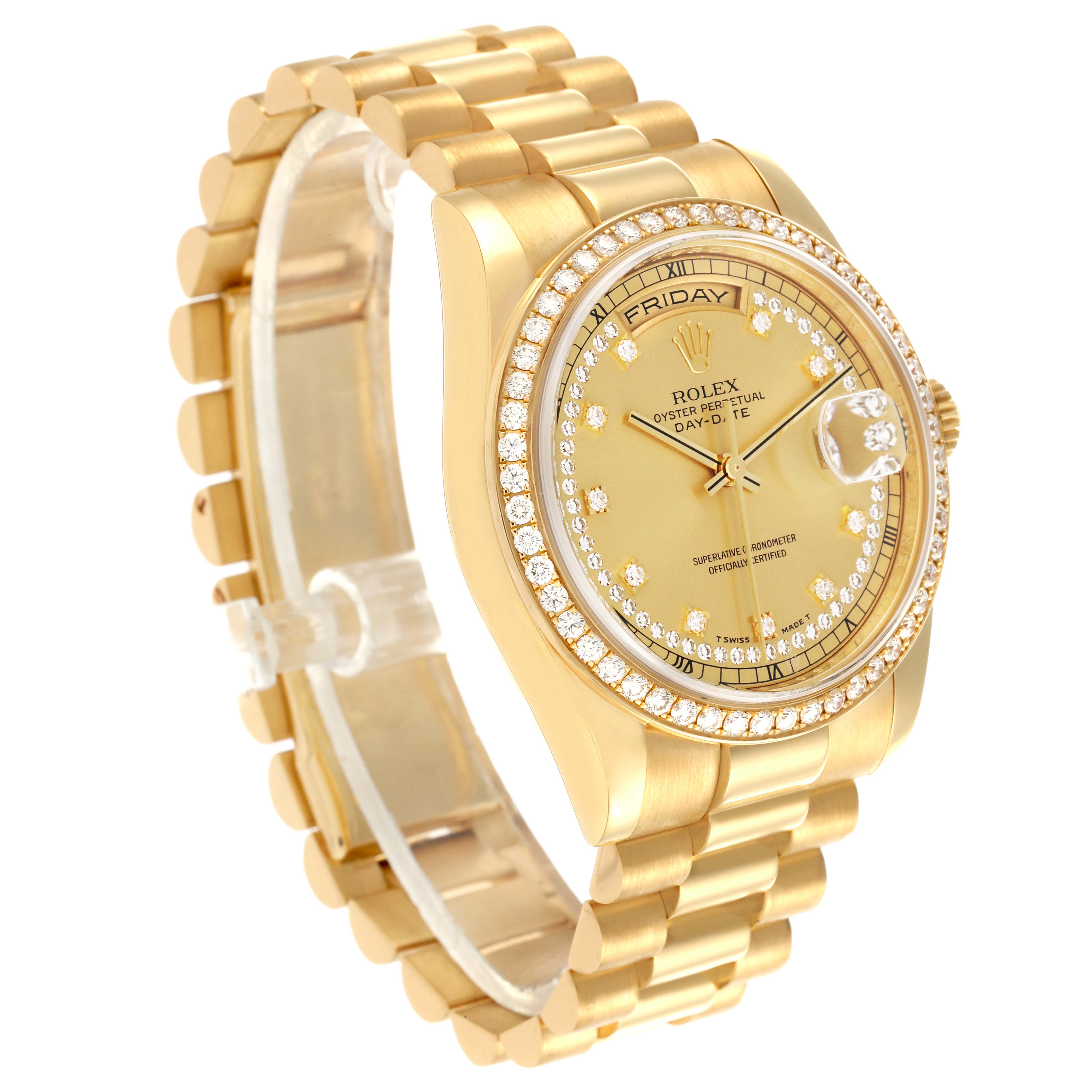 The Rolex President 118348 Men
s Yellow Gold Champagne Dial 118348 Men
s Yellow Gold Champagne Dial watch is shown at a three-quarter angle, displaying the face, bracelet, and bejeweled bezel.