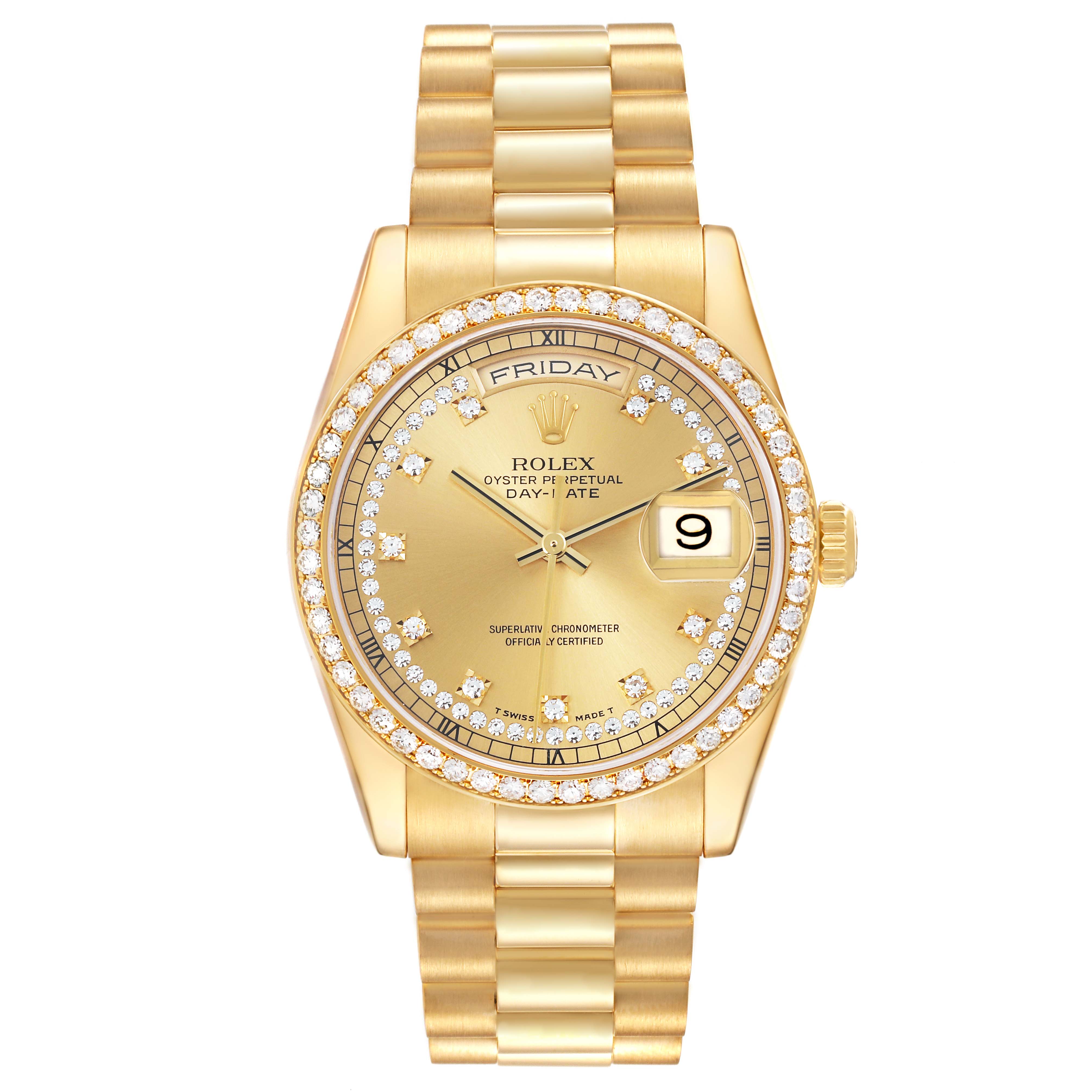 The Rolex President 118348 Men
s Yellow Gold Champagne Dial 118348 Men
s Yellow Gold Champagne Dial model watch is shown from a front angle, highlighting the face and bracelet.