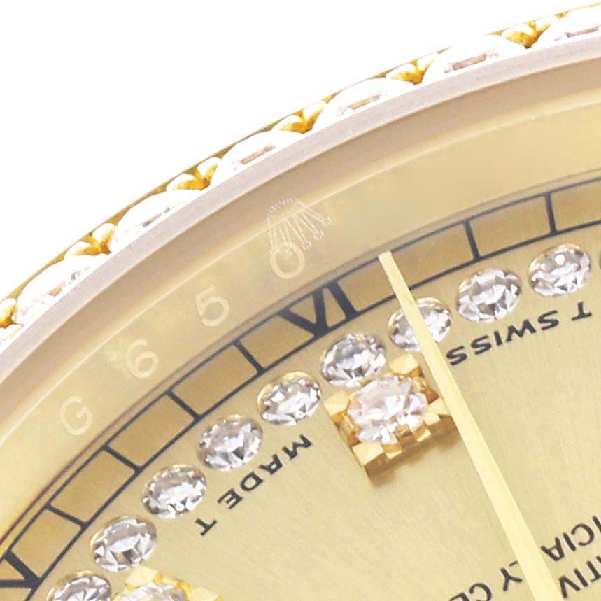 The image shows a close-up of the dial and bezel of a Rolex President 118348 Men
s Yellow Gold Champagne Dial 118348 Men
s Yellow Gold Champagne Dial model, featuring diamond hour markers.