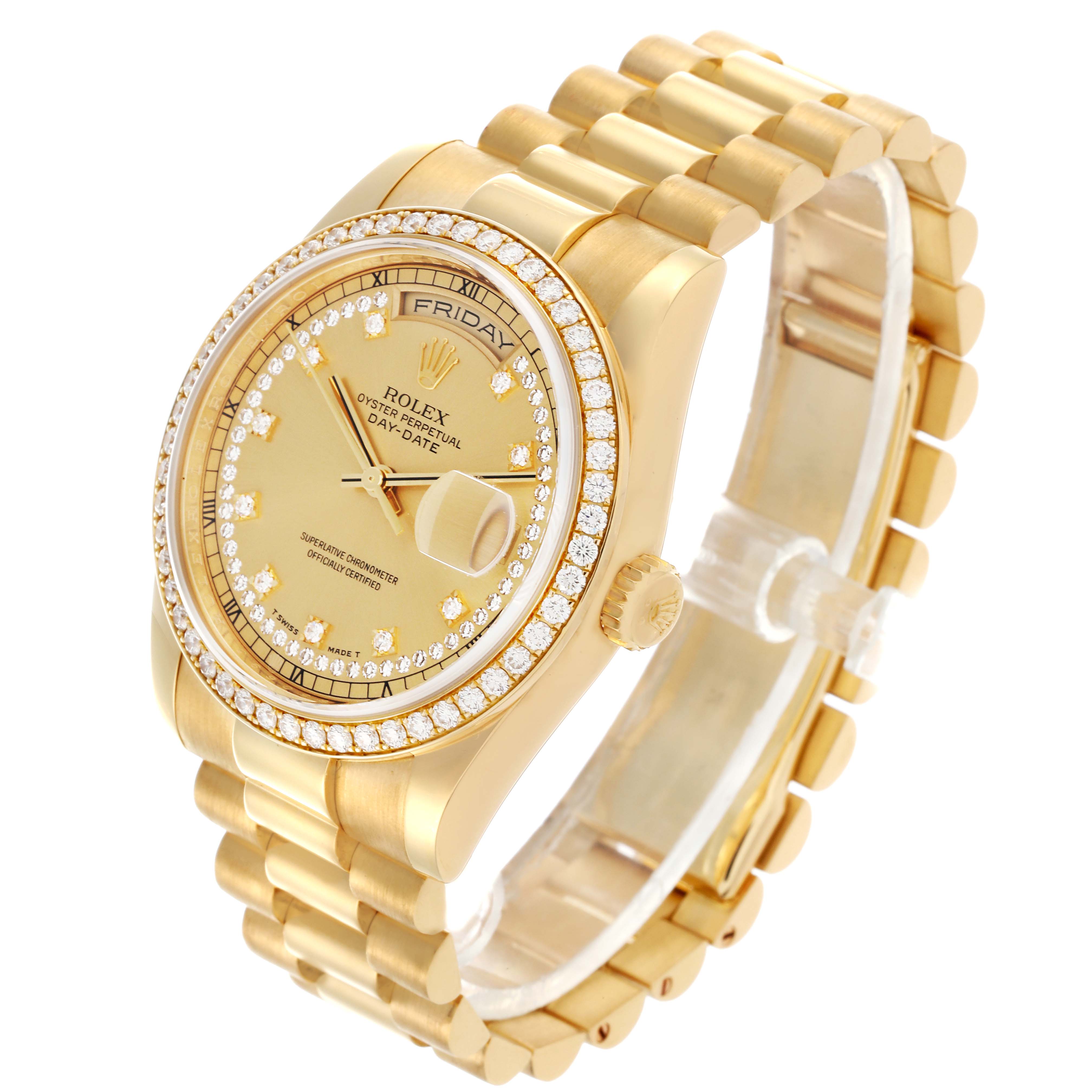 The Rolex President 118348 Men
s Yellow Gold Champagne Dial 118348 Men
s Yellow Gold Champagne Dial watch is shown from an upper side angle, highlighting the face, bracelet, and crown.