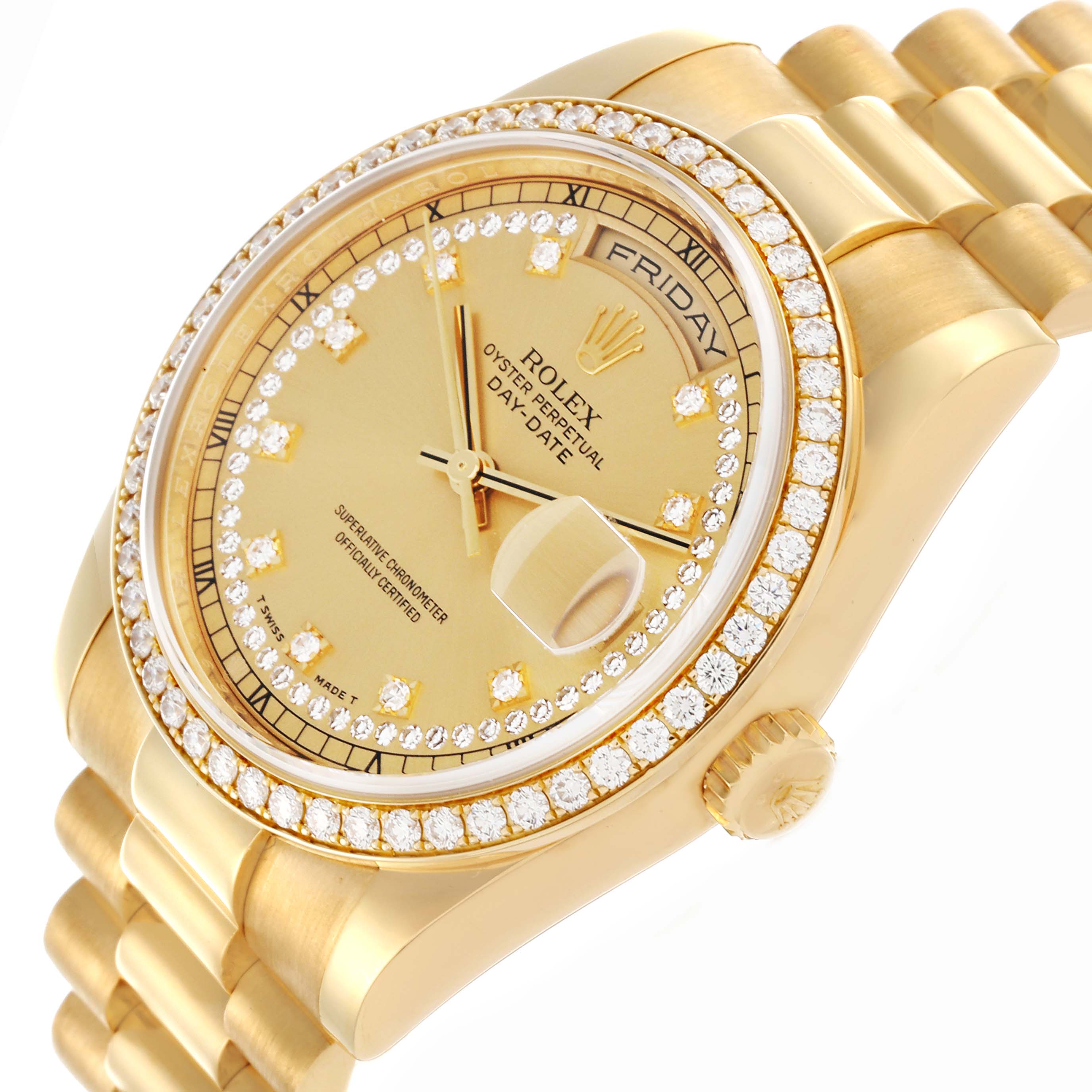 The Rolex President 118348 Men
s Yellow Gold Champagne Dial 118348 Men
s Yellow Gold Champagne Dial watch is shown at an angled view highlighting the face, diamond bezel, crown, and part of the bracelet.