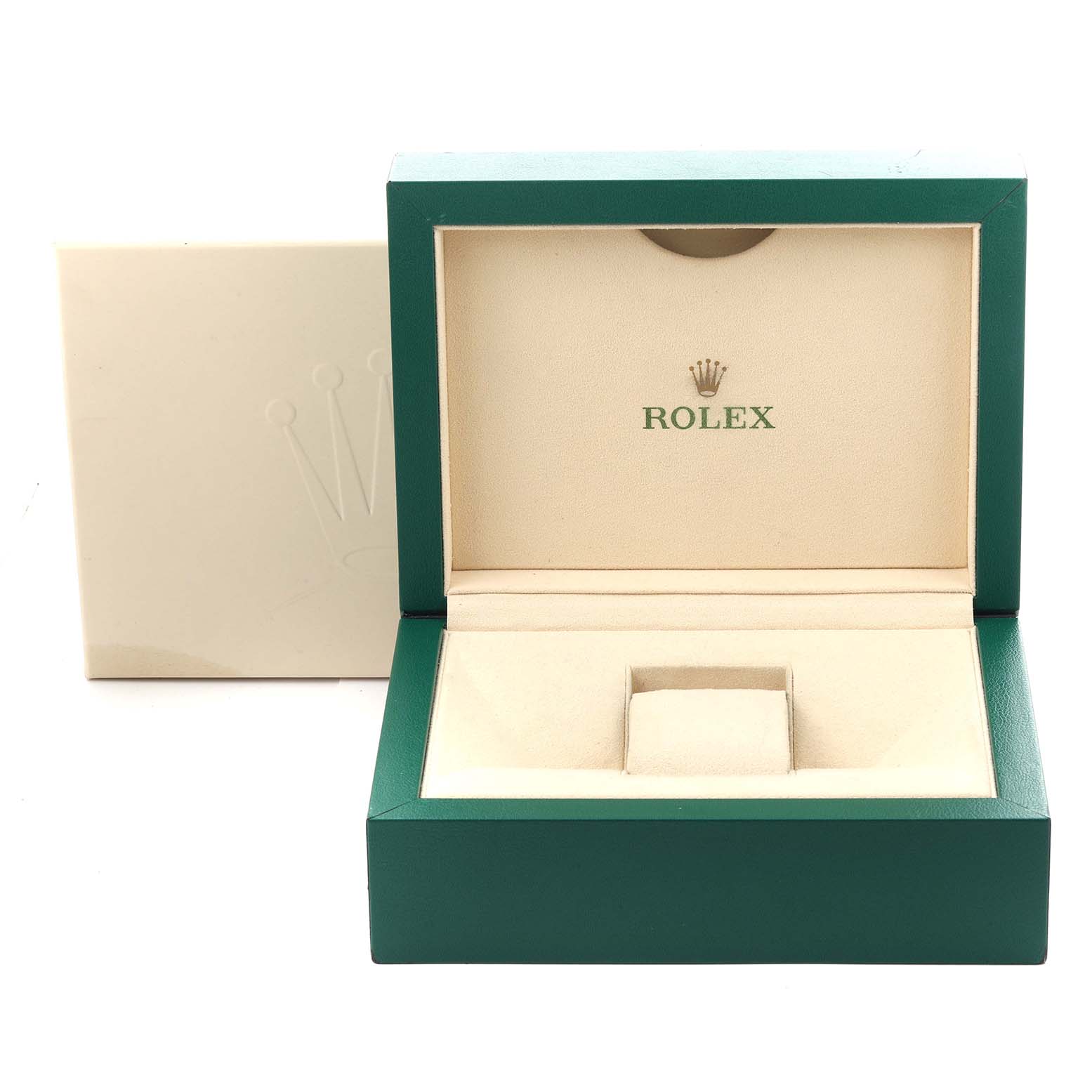 The image shows the open packaging box for a Rolex President 118348 Men
s Yellow Gold Champagne Dial 118348 Men
s Yellow Gold Champagne Dial model, featuring its interior and exterior design.