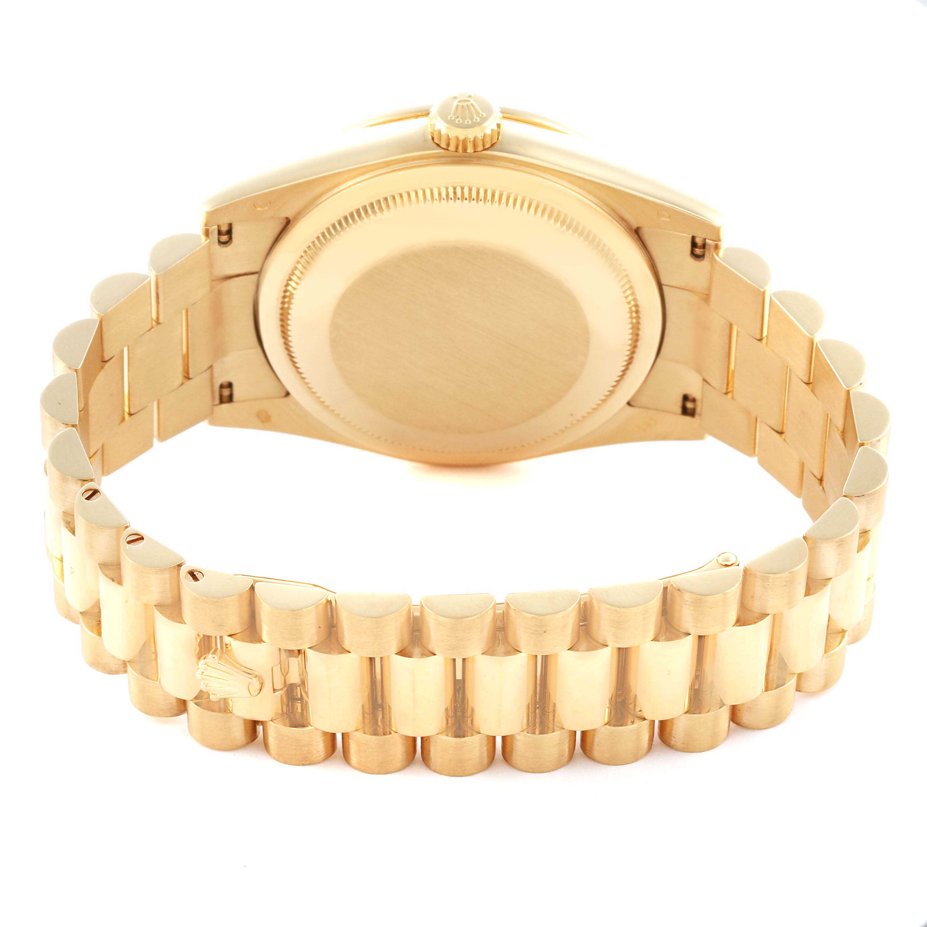 The Rolex President 118348 Men
s Yellow Gold Champagne Dial 118348 Men
s Yellow Gold Champagne Dial model is shown from the back, displaying the clasp and bracelet links.