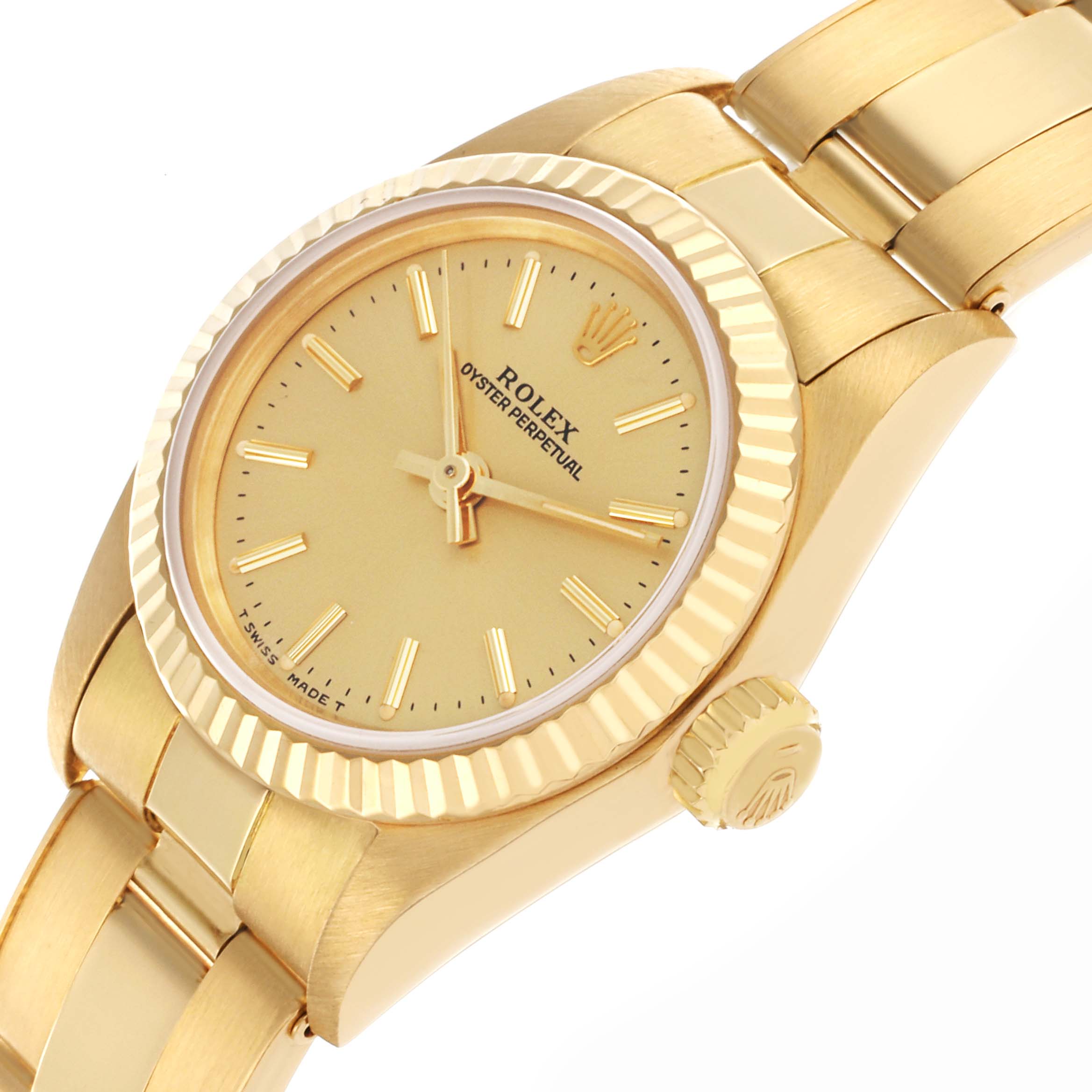 The Rolex President 67198 Women's Yellow Gold Champagne Dial 67198 Women's Yellow Gold Champagne Dial model is shown from a side angle, featuring its gold dial, bezel, crown, and part of the bracelet.