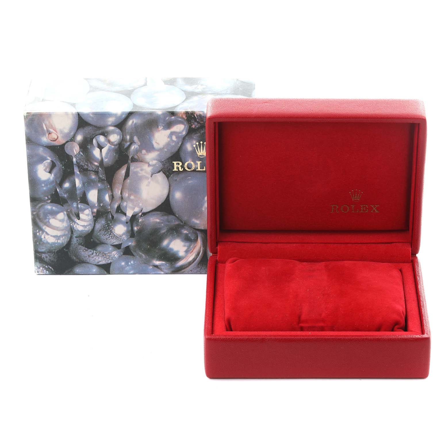 The image shows the open box and packaging for a Rolex President 67198 Women's Yellow Gold Champagne Dial 67198 Women's Yellow Gold Champagne Dial model watch, featuring a red velvet interior.