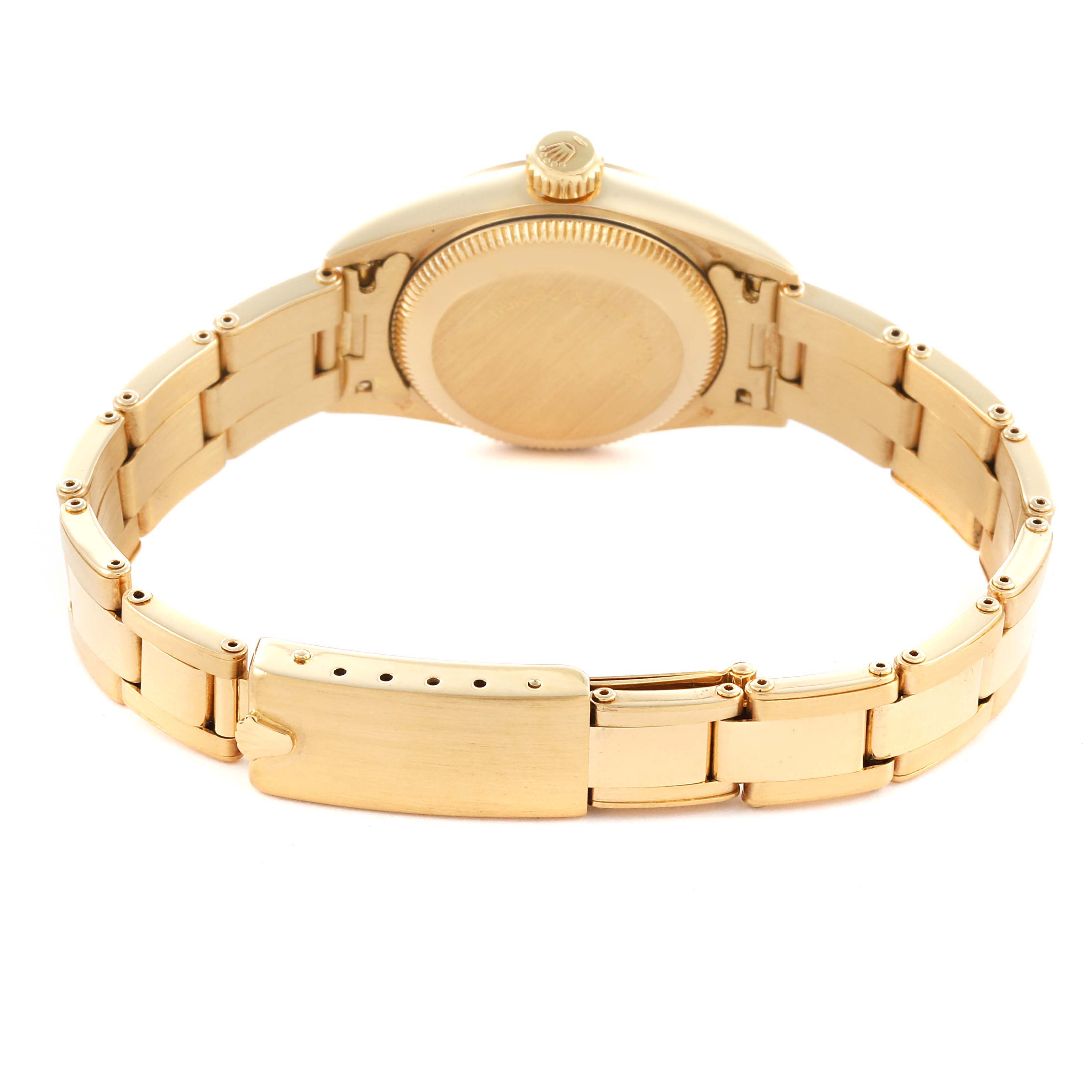 The Rolex President 67198 Women's Yellow Gold Champagne Dial 67198 Women's Yellow Gold Champagne Dial watch is shown from the back, displaying the case back, crown, and full bracelet.