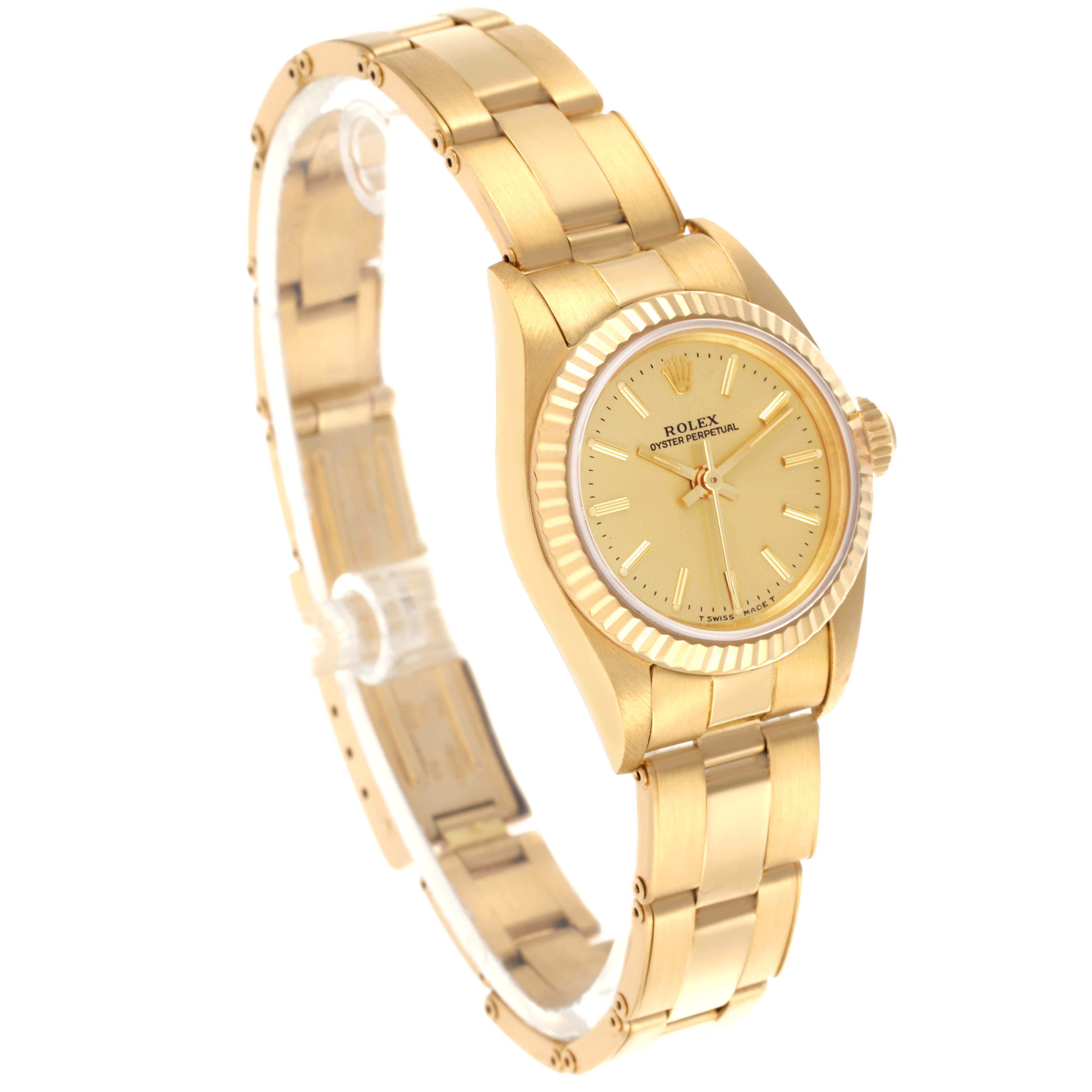 The Rolex President 67198 Women's Yellow Gold Champagne Dial 67198 Women's Yellow Gold Champagne Dial watch is shown at a slight angle, highlighting the face, bezel, case, and part of the bracelet.