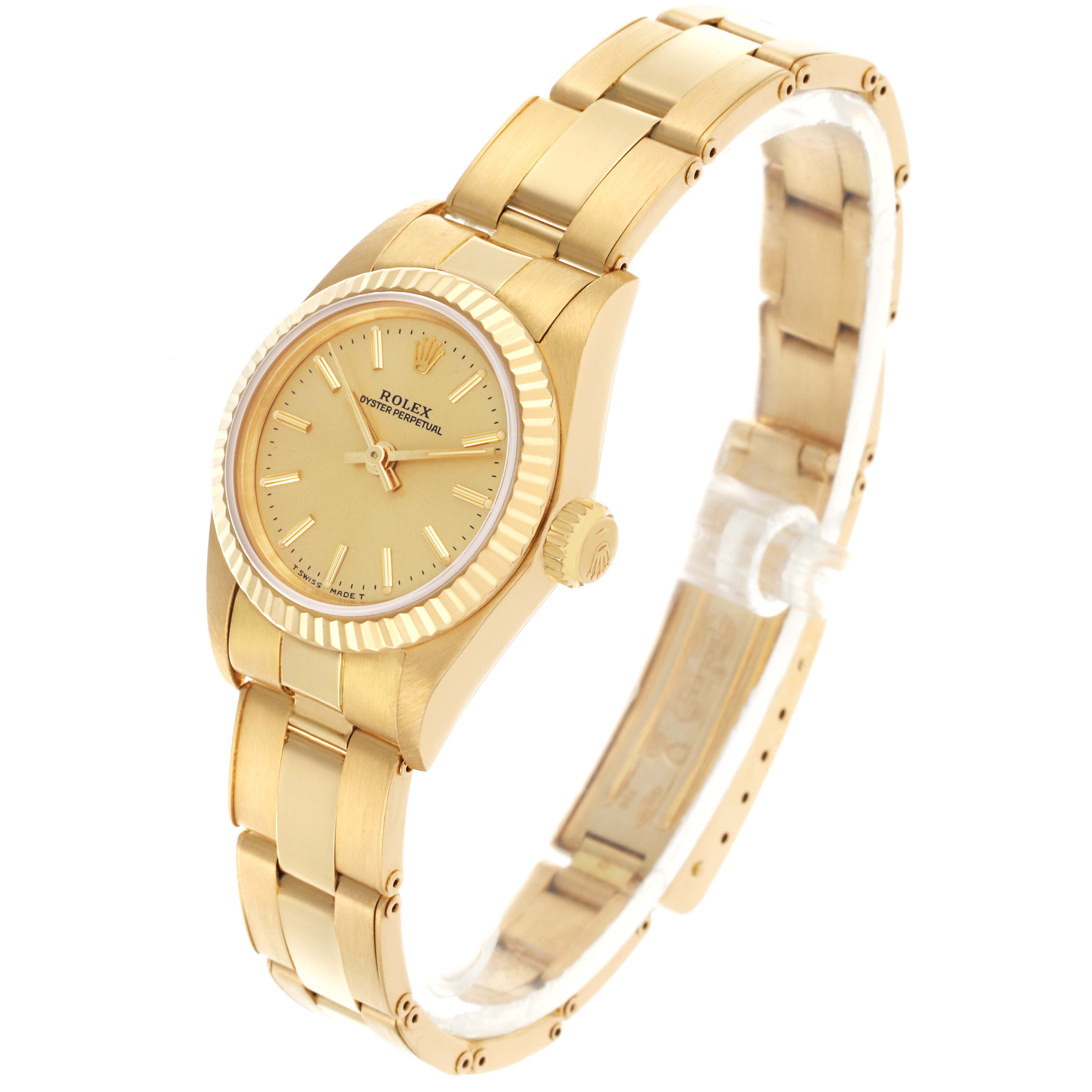 The Rolex President 67198 Women's Yellow Gold Champagne Dial 67198 Women's Yellow Gold Champagne Dial watch is shown at a three-quarter angle, displaying the dial, bezel, crown, and part of the bracelet.