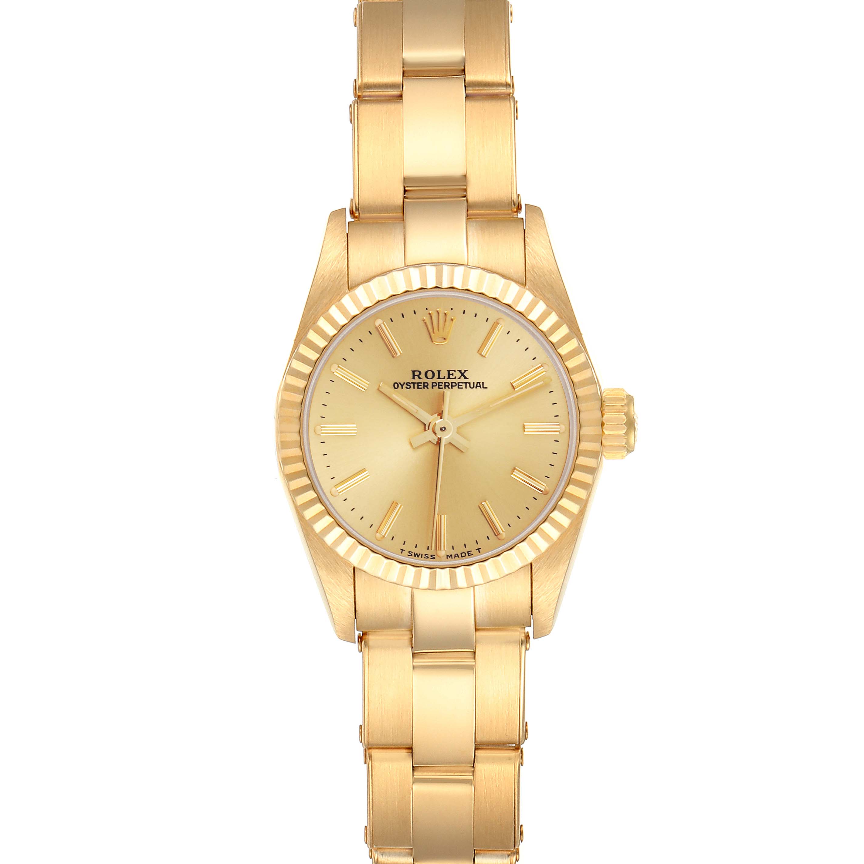The Rolex President 67198 Women's Yellow Gold Champagne Dial 67198 Women's Yellow Gold Champagne Dial model is shown from a top-down angle, highlighting the gold bracelet, case, and dial.