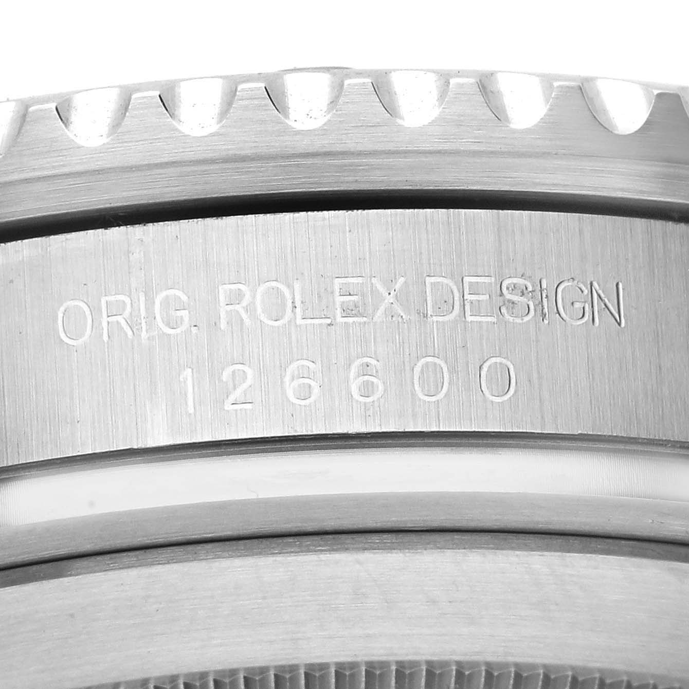 The image shows a close-up of the engraved side of the Rolex Sea-Dweller 126600 Men's Stainless Steel Black Dial 126600 Men's Stainless Steel Black Dial model 126600.