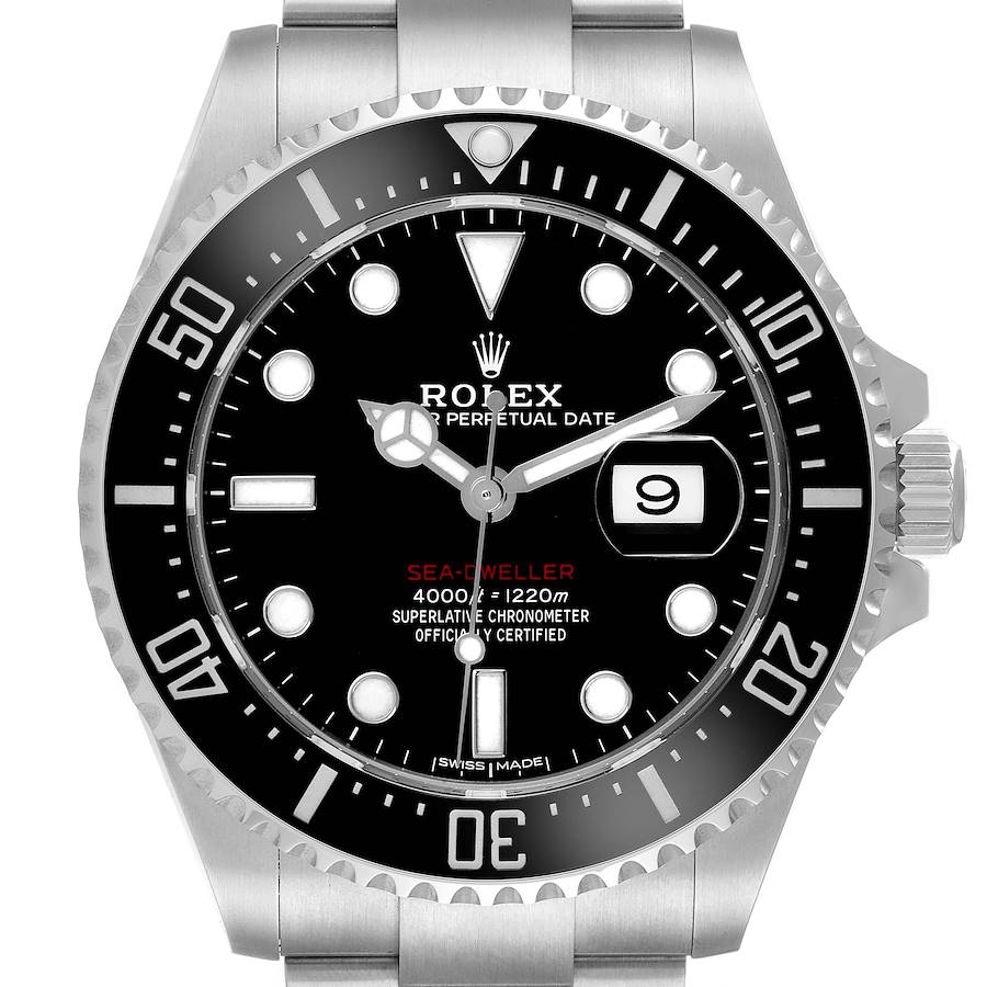 The image shows a front view of the Rolex Sea-Dweller watch, highlighting its dial, bezel, crown, and bracelet.