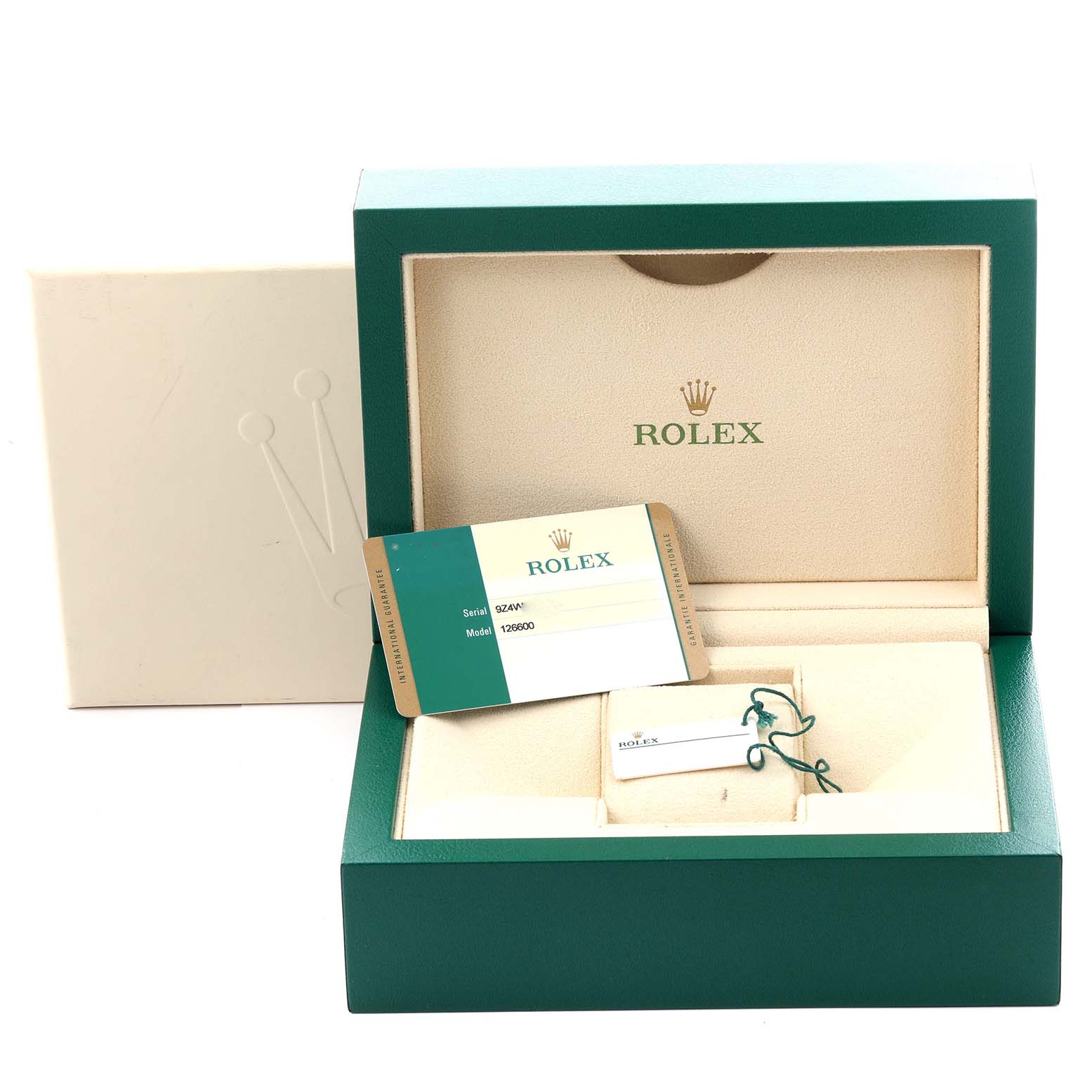 The image shows the packaging and accessories for a Rolex Sea-Dweller 126600 Men's Stainless Steel Black Dial 126600 Men's Stainless Steel Black Dial, including the box, tag, and warranty card.