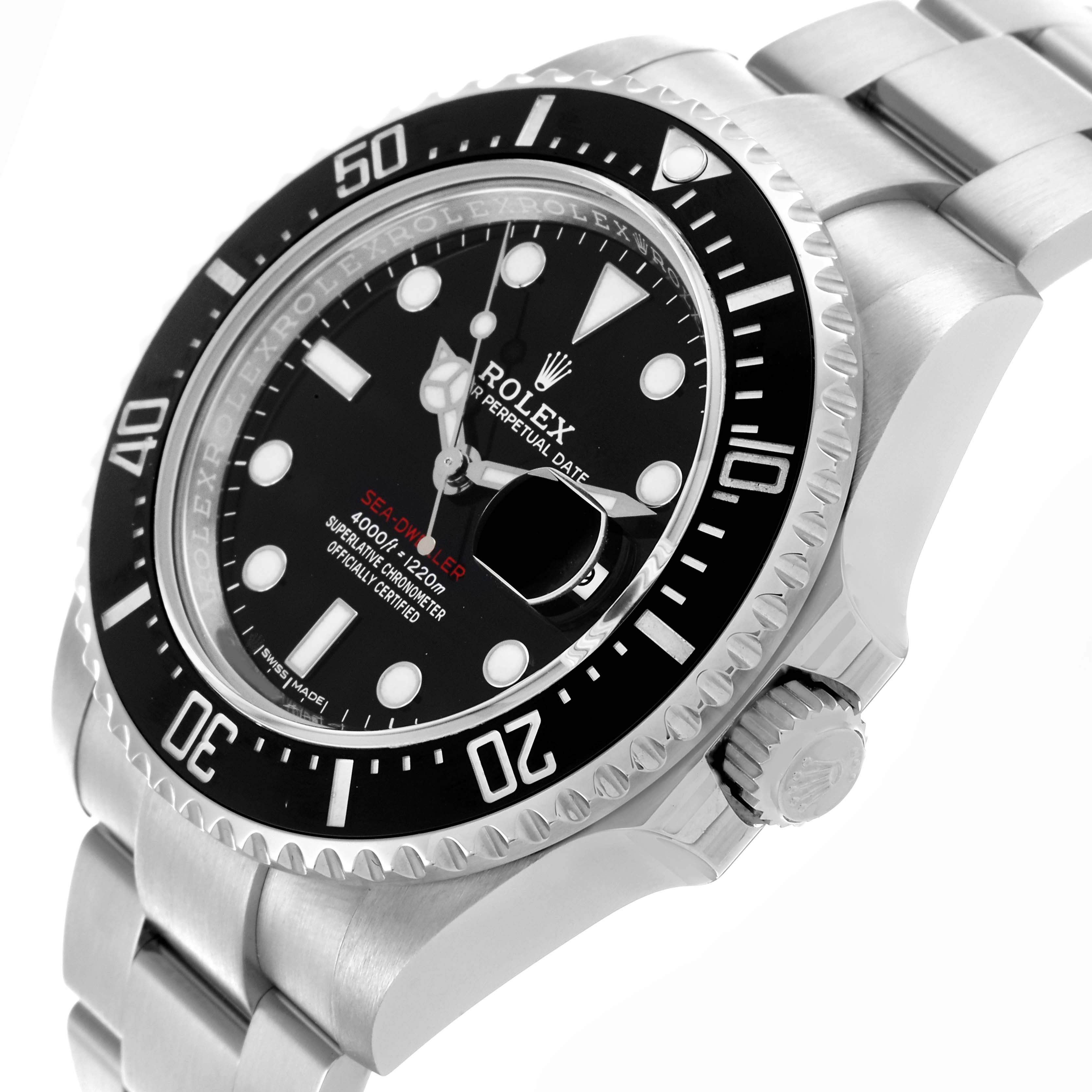 The Rolex Sea-Dweller 126600 Men's Stainless Steel Black Dial 126600 Men's Stainless Steel Black Dial watch is shown at a slight angle, highlighting the bezel, crown, and bracelet links.