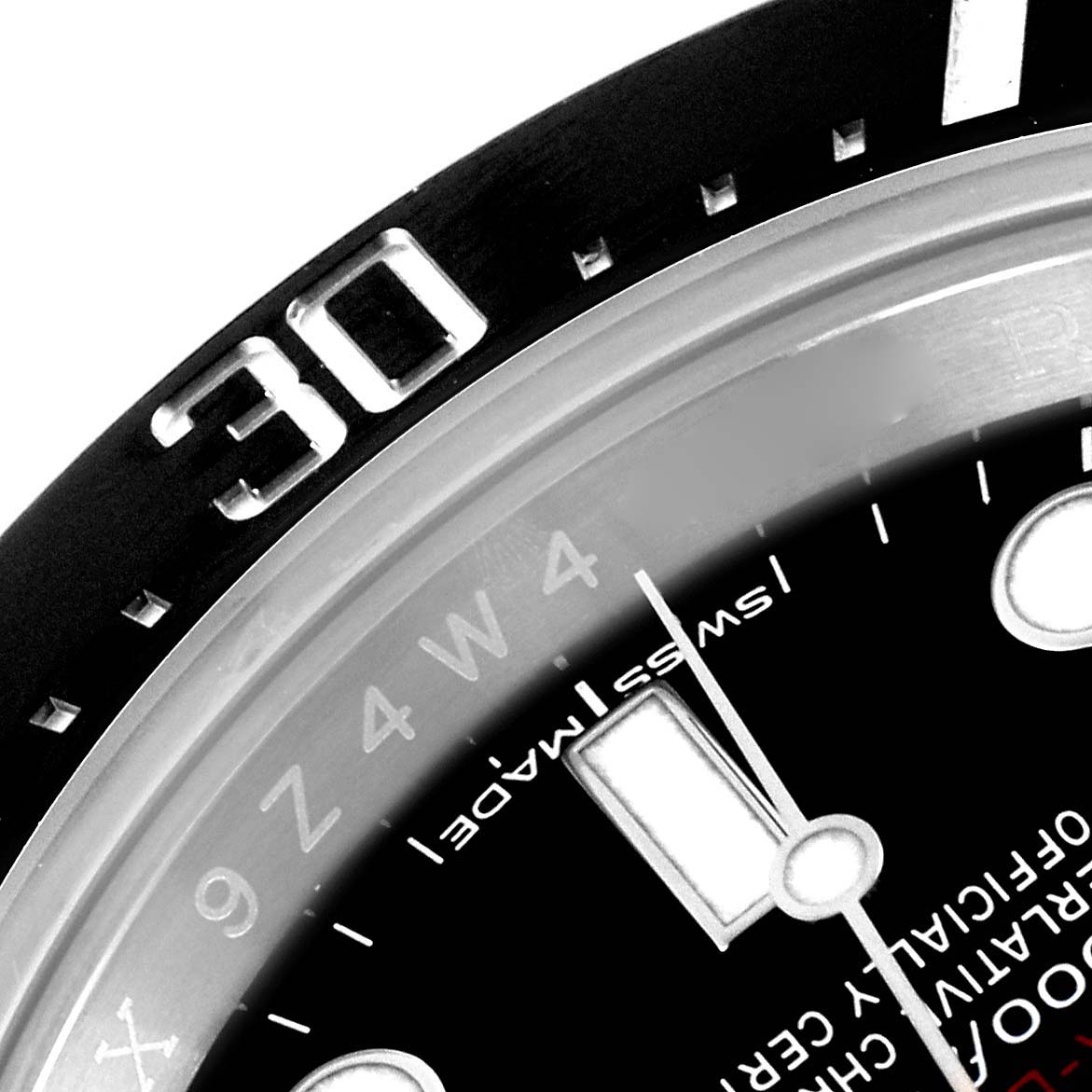 The image shows a close-up of the bezel and dial of a Rolex Sea-Dweller 126600 Men's Stainless Steel Black Dial 126600 Men's Stainless Steel Black Dial, focusing on the 30-minute mark.
