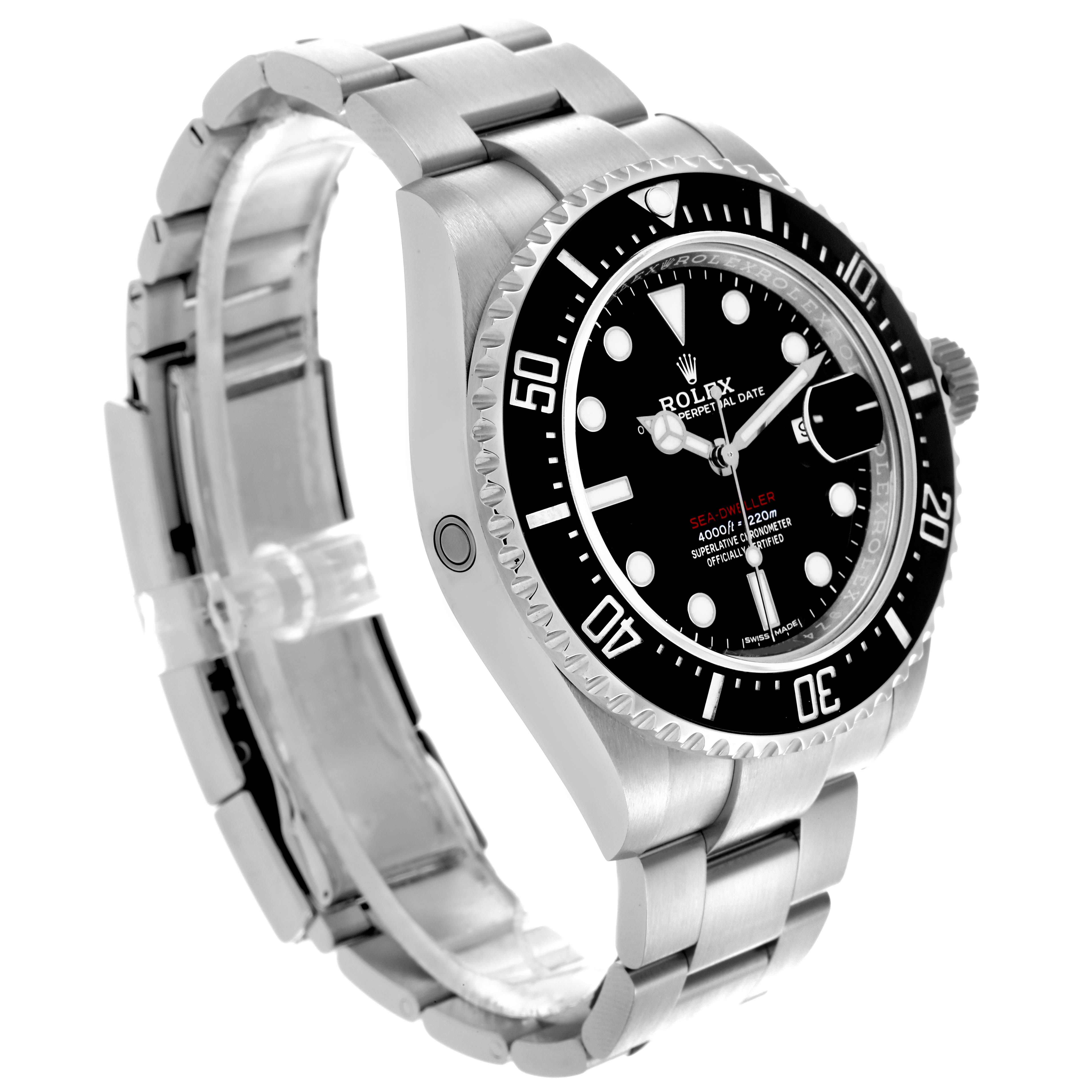 The Rolex Sea-Dweller 126600 Men's Stainless Steel Black Dial 126600 Men's Stainless Steel Black Dial watch is shown at a three-quarter angle, displaying the face, bezel, crown, and part of the bracelet.