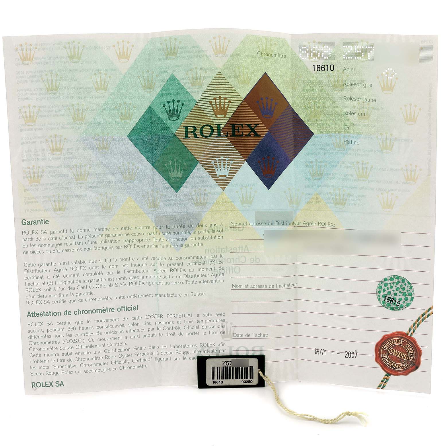 The image shows the warranty card and documentation for a Rolex Submariner 16610 Men
s Stainless Steel Black Dial 16610 Men
s Stainless Steel Black Dial model 16610.