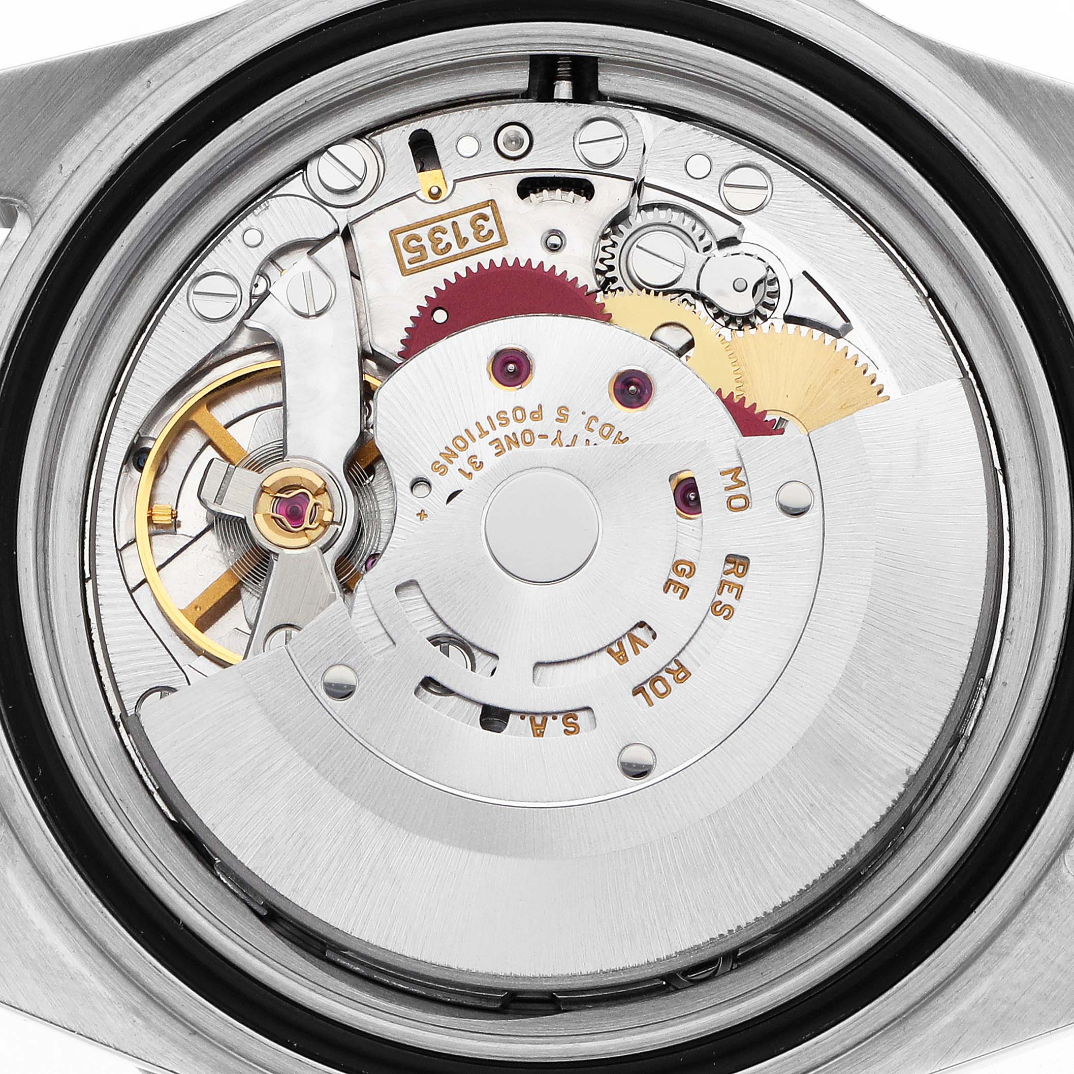 The image shows the inner mechanical movement of a Rolex Submariner 16613 Men's Steel and Gold (two tone) Blue Dial, highlighting gears and rotors from a top-down angle.