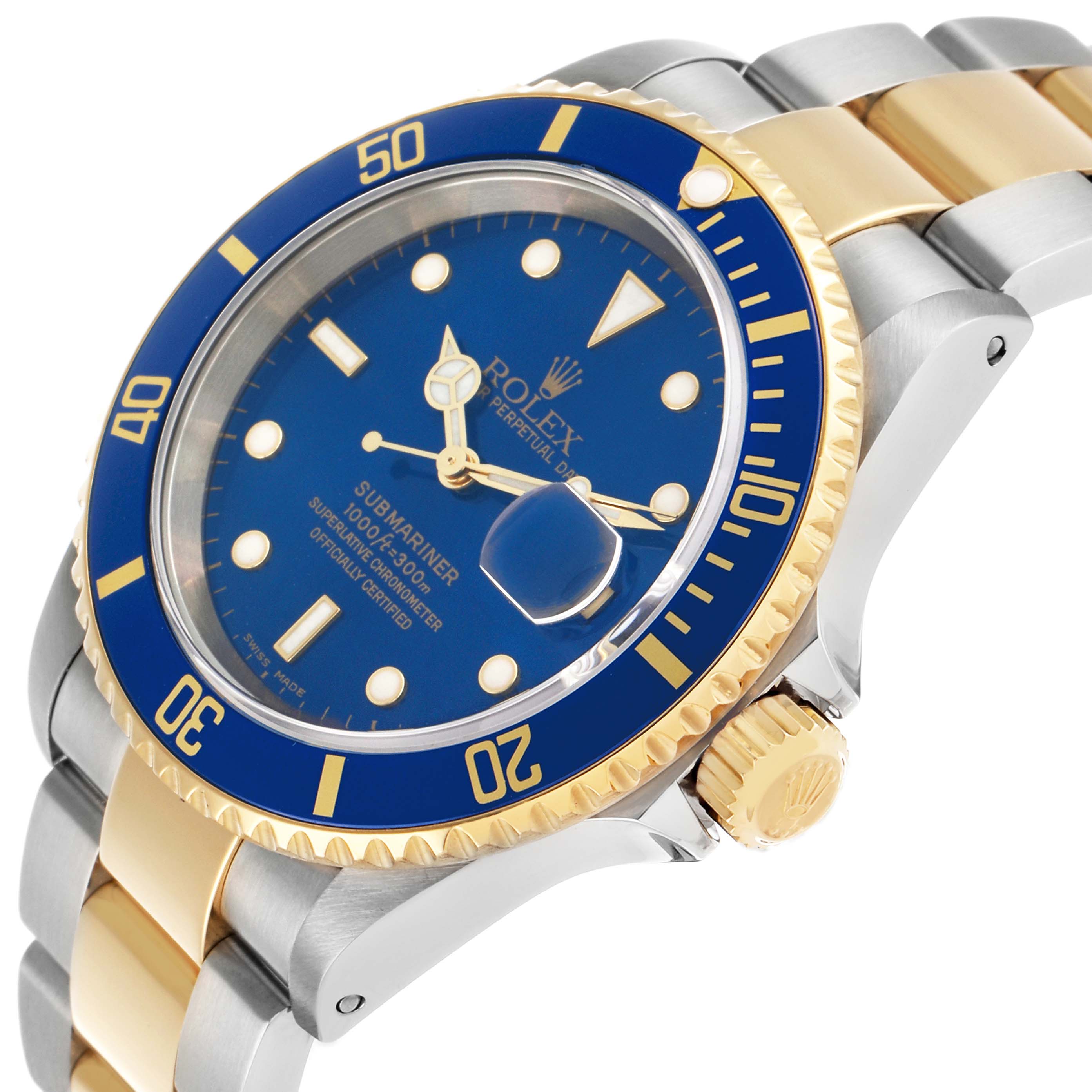The Rolex Submariner 16613 Men's Steel and Gold (two tone) Blue Dial is shown at an angle highlighting the blue dial, gold bezel, and two-tone bracelet.