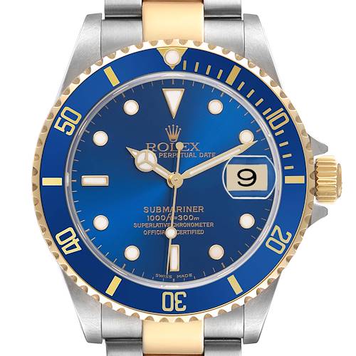 The Rolex Submariner 16613 Men's Steel and Gold (two tone) Blue Dial watch is shown from a front angle, highlighting the blue dial, gold accents, and bezel details.