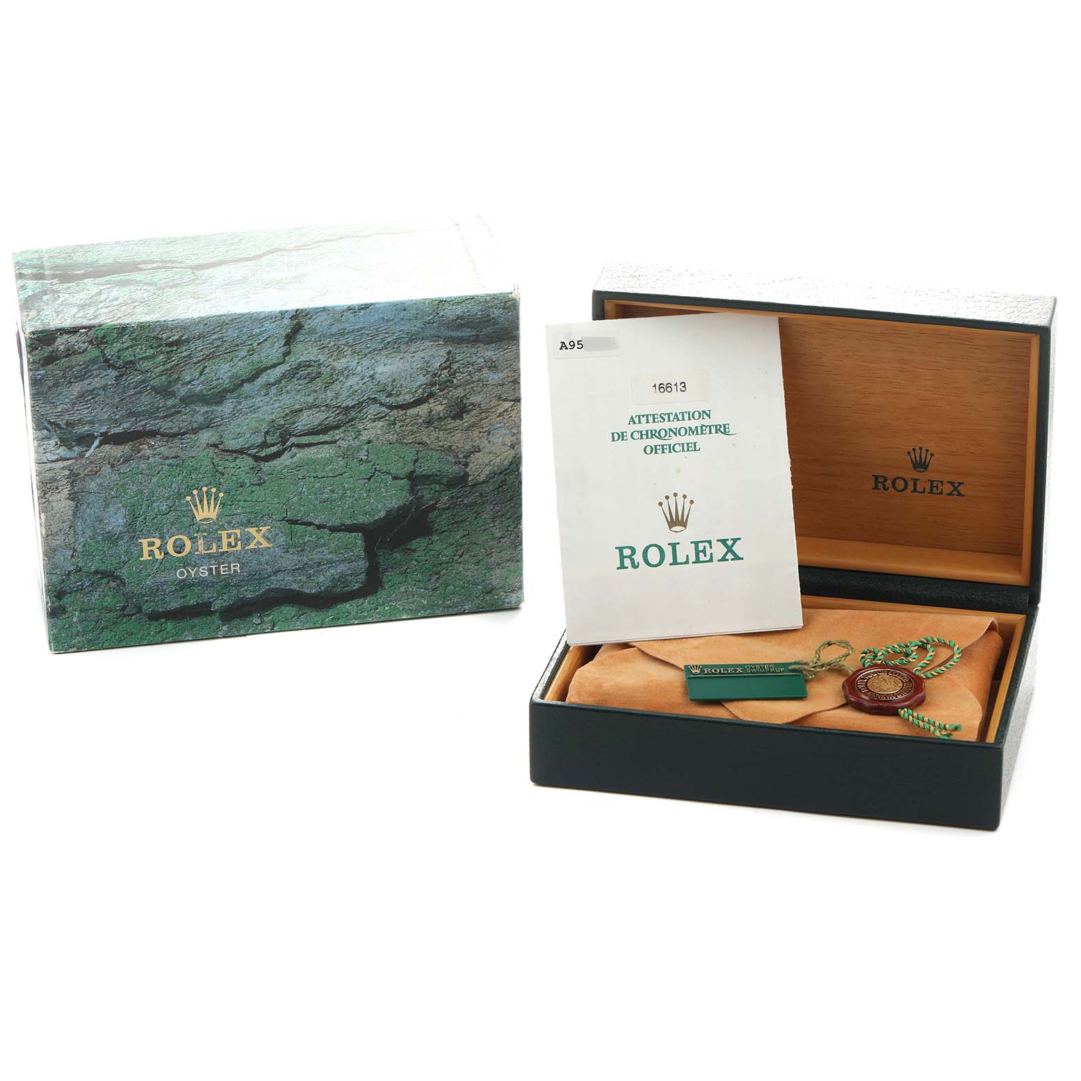 The image shows a Rolex Submariner 16613 Men's Steel and Gold (two tone) Blue Dial watch box and accessories, including certification papers and a tag.