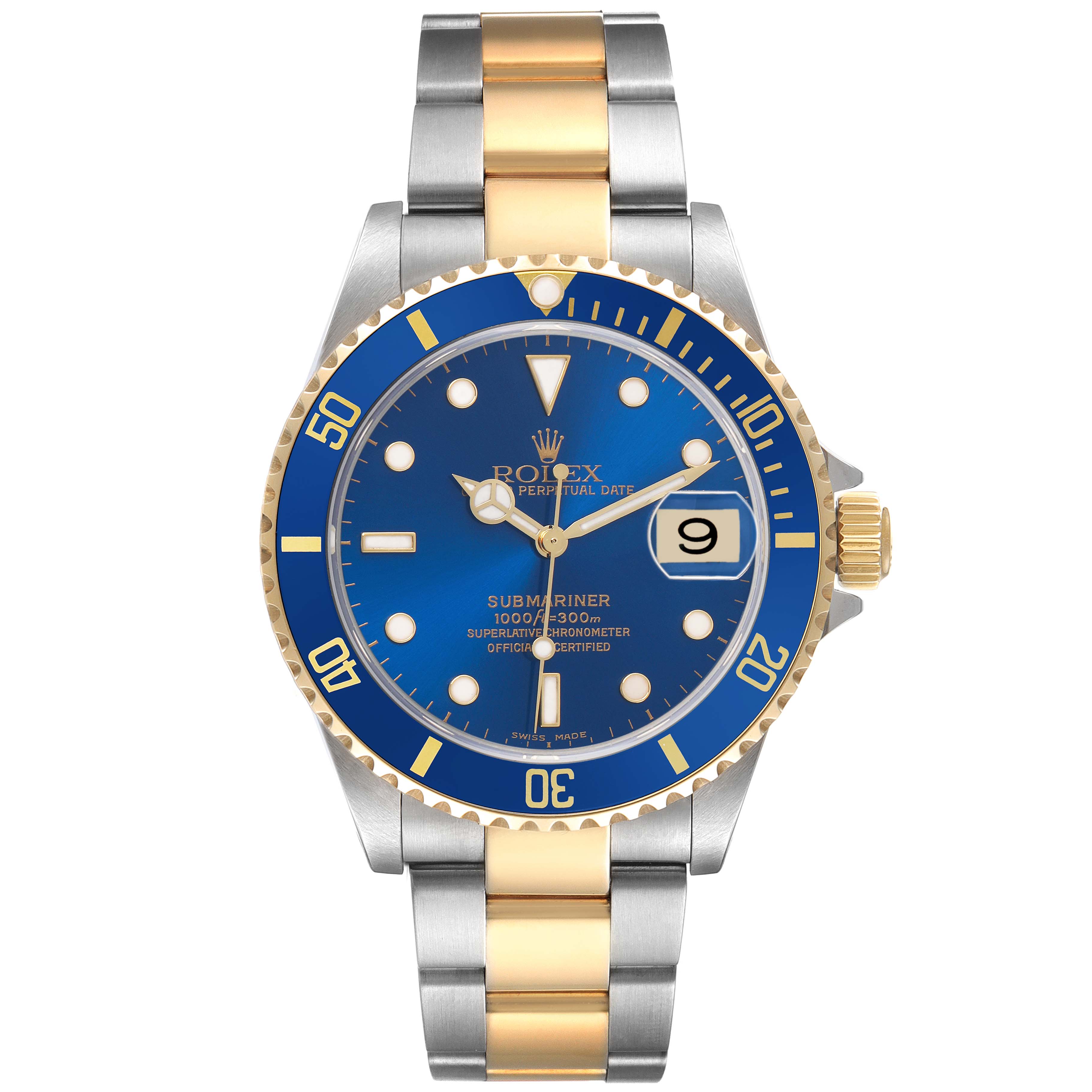 The Rolex Submariner 16613 Men's Steel and Gold (two tone) Blue Dial watch is shown from a front angle, displaying the dial, bezel, bracelet, and crown.