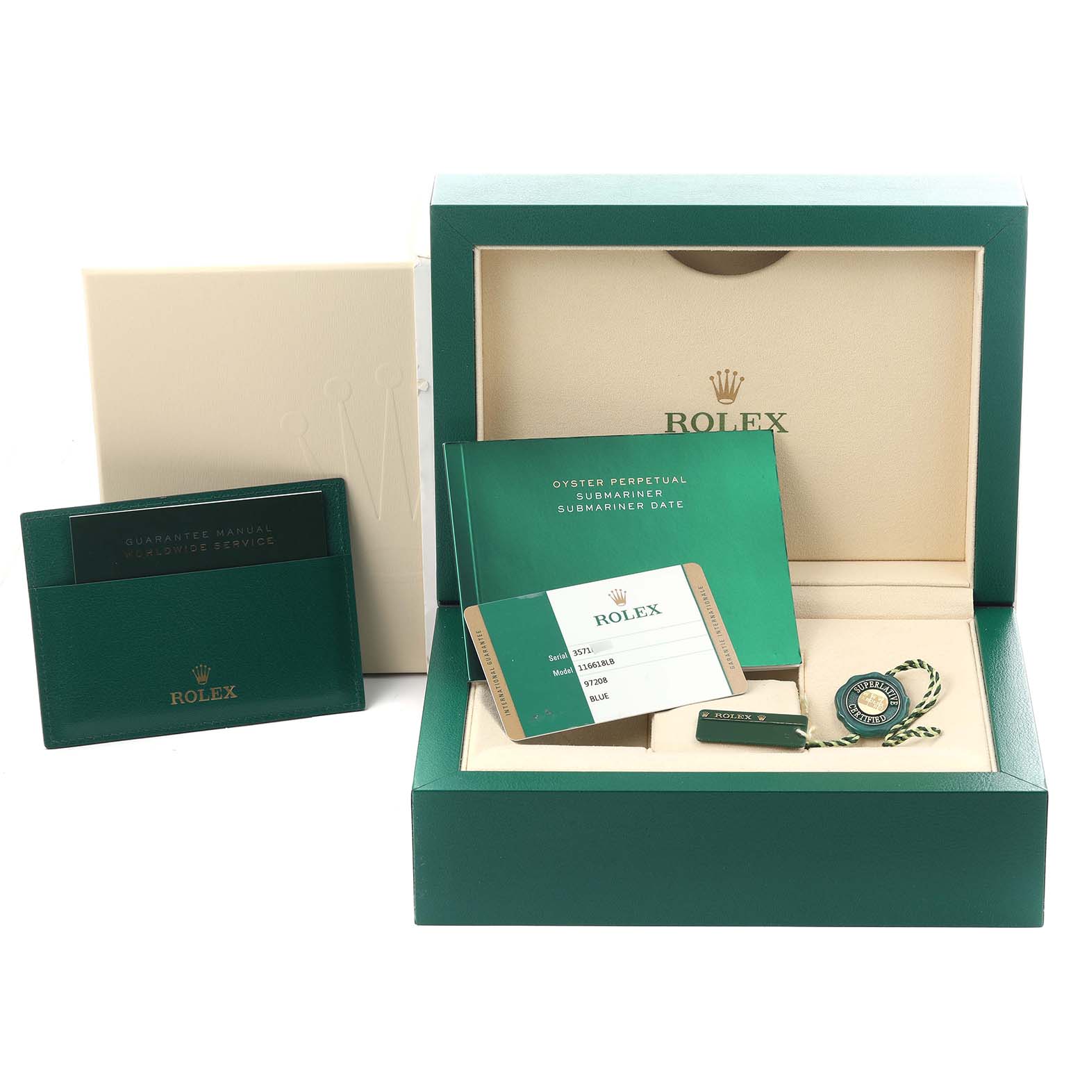 The image shows the box, warranty card, manual, and tag for the Rolex Submariner 116618LB Men's Yellow Gold Blue Dial 116618LB Men's Yellow Gold Blue Dial model.