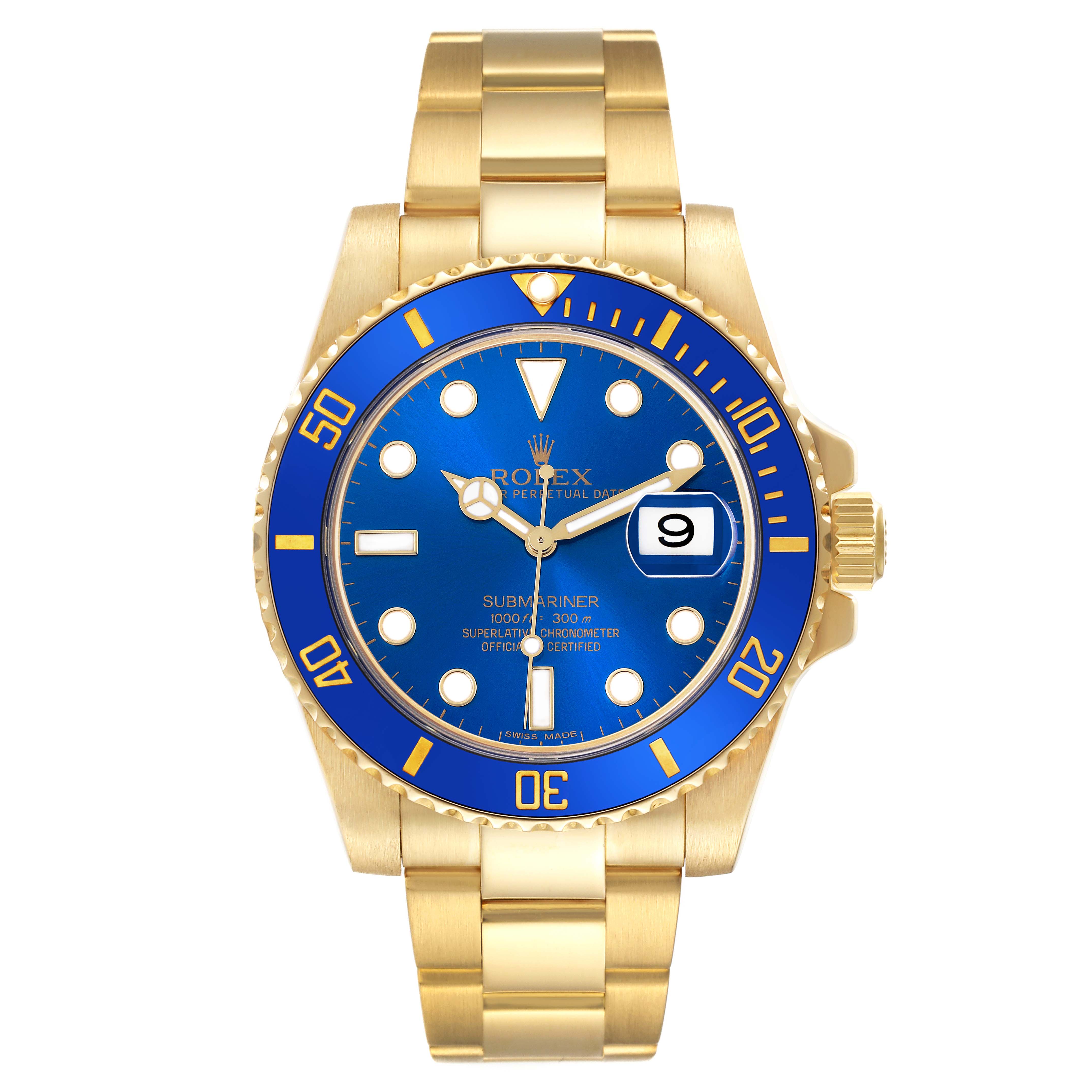 The Rolex Submariner 116618LB Men's Yellow Gold Blue Dial 116618LB Men's Yellow Gold Blue Dial is shown from the front, displaying its blue dial, bezel, and gold bracelet.