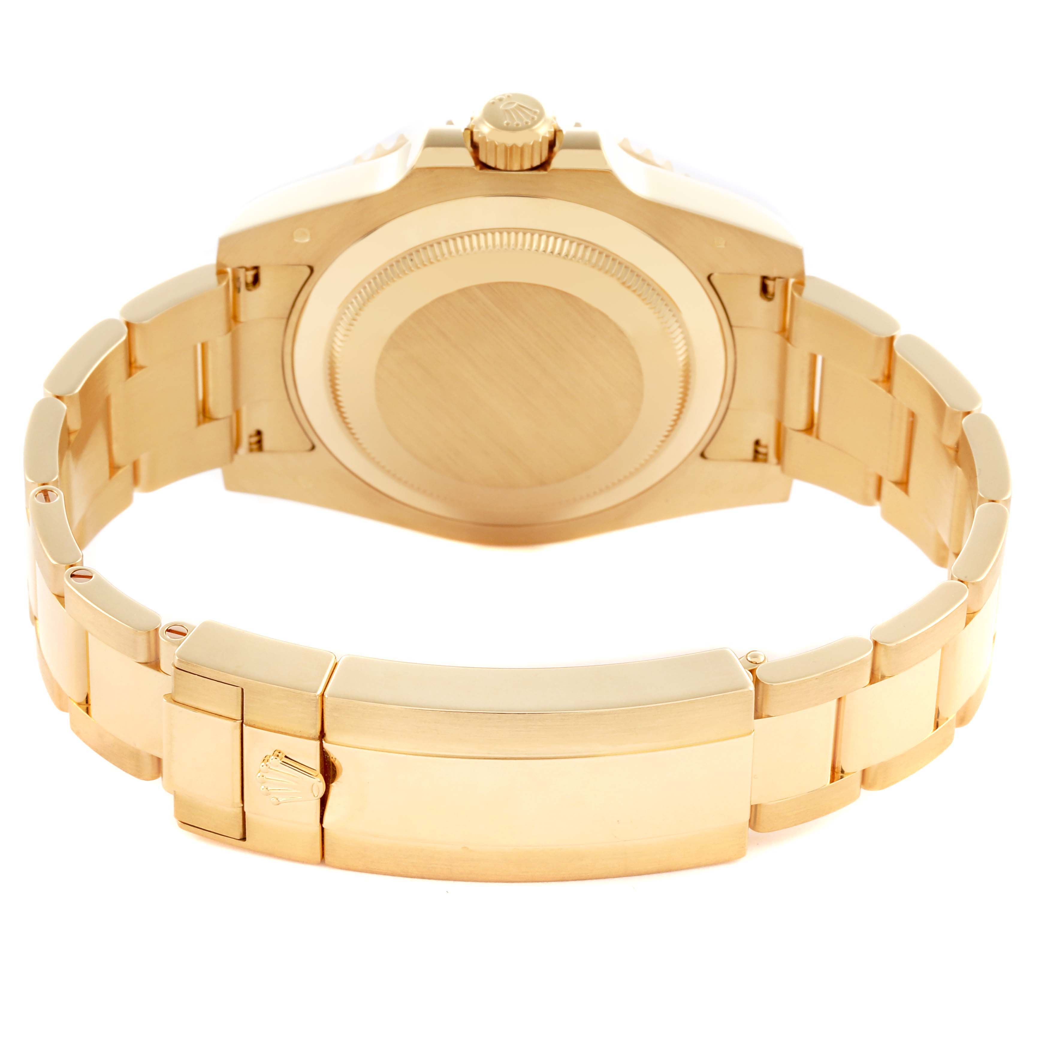 The image shows the back view of a Rolex Submariner 116618LB Men's Yellow Gold Blue Dial 116618LB Men's Yellow Gold Blue Dial, highlighting the clasp, bracelet, and case back.