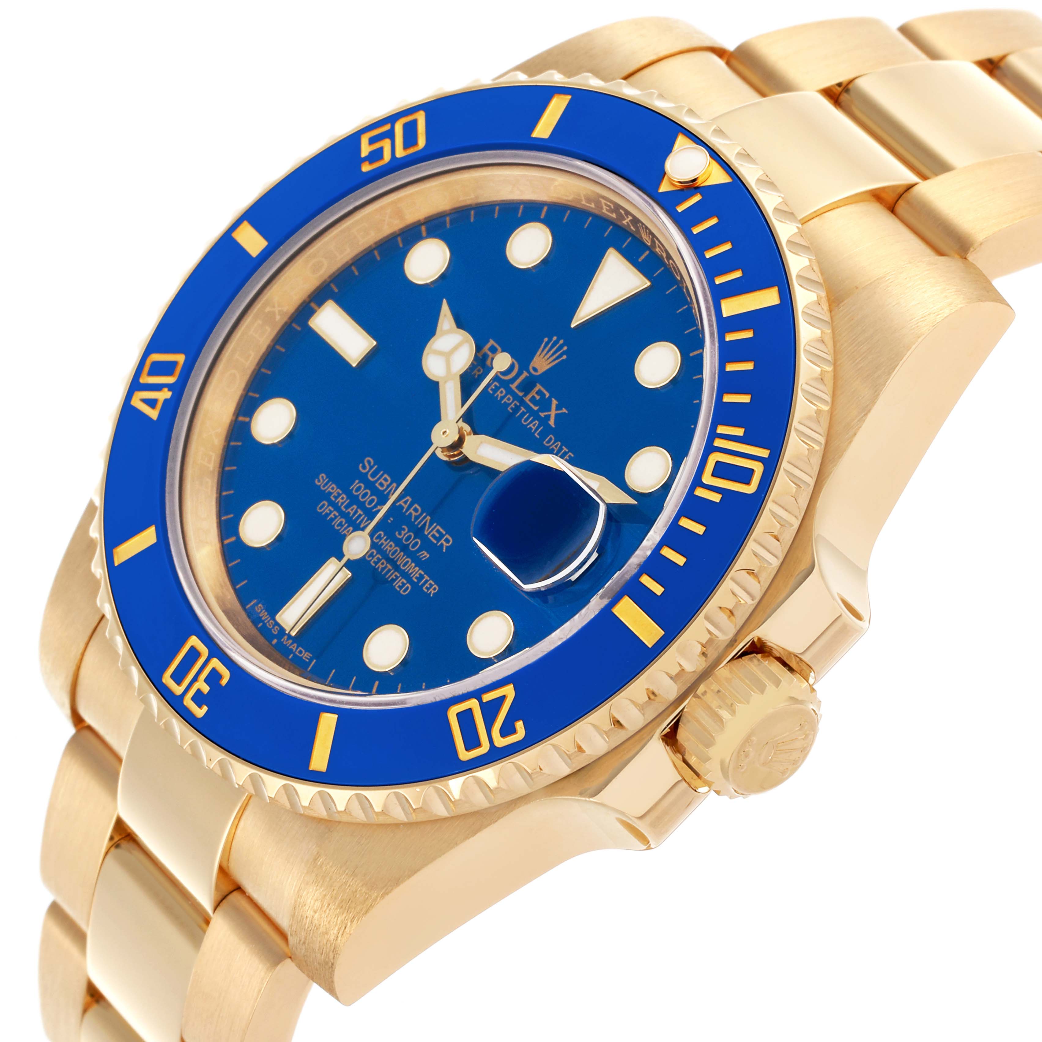 The Rolex Submariner 116618LB Men's Yellow Gold Blue Dial 116618LB Men's Yellow Gold Blue Dial is shown from an angled side view, highlighting the blue dial, bezel, crown, and gold bracelet.