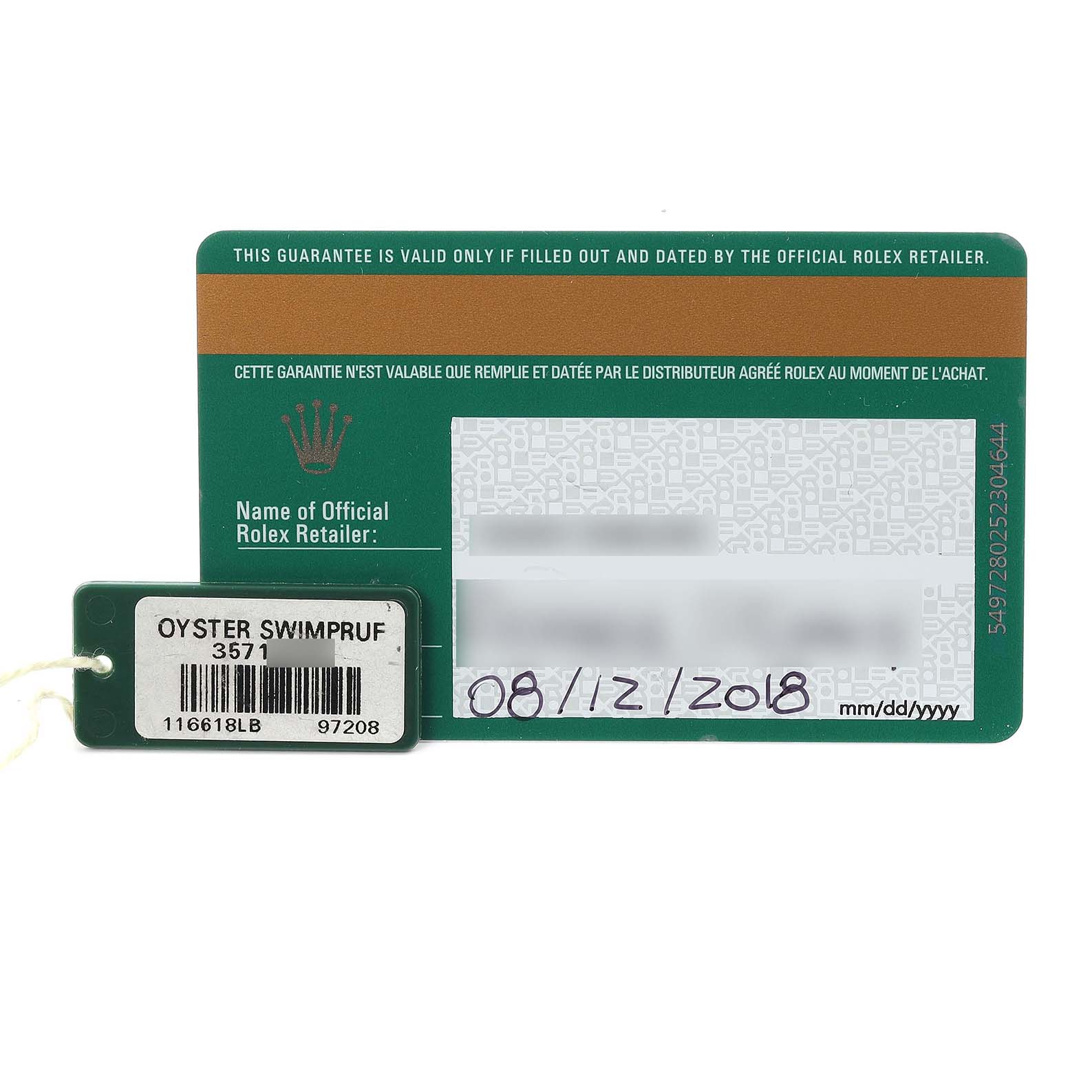 The image shows a warranty card and tag for a Rolex Submariner 116618LB Men's Yellow Gold Blue Dial 116618LB Men's Yellow Gold Blue Dial watch, displaying the brand and model details.