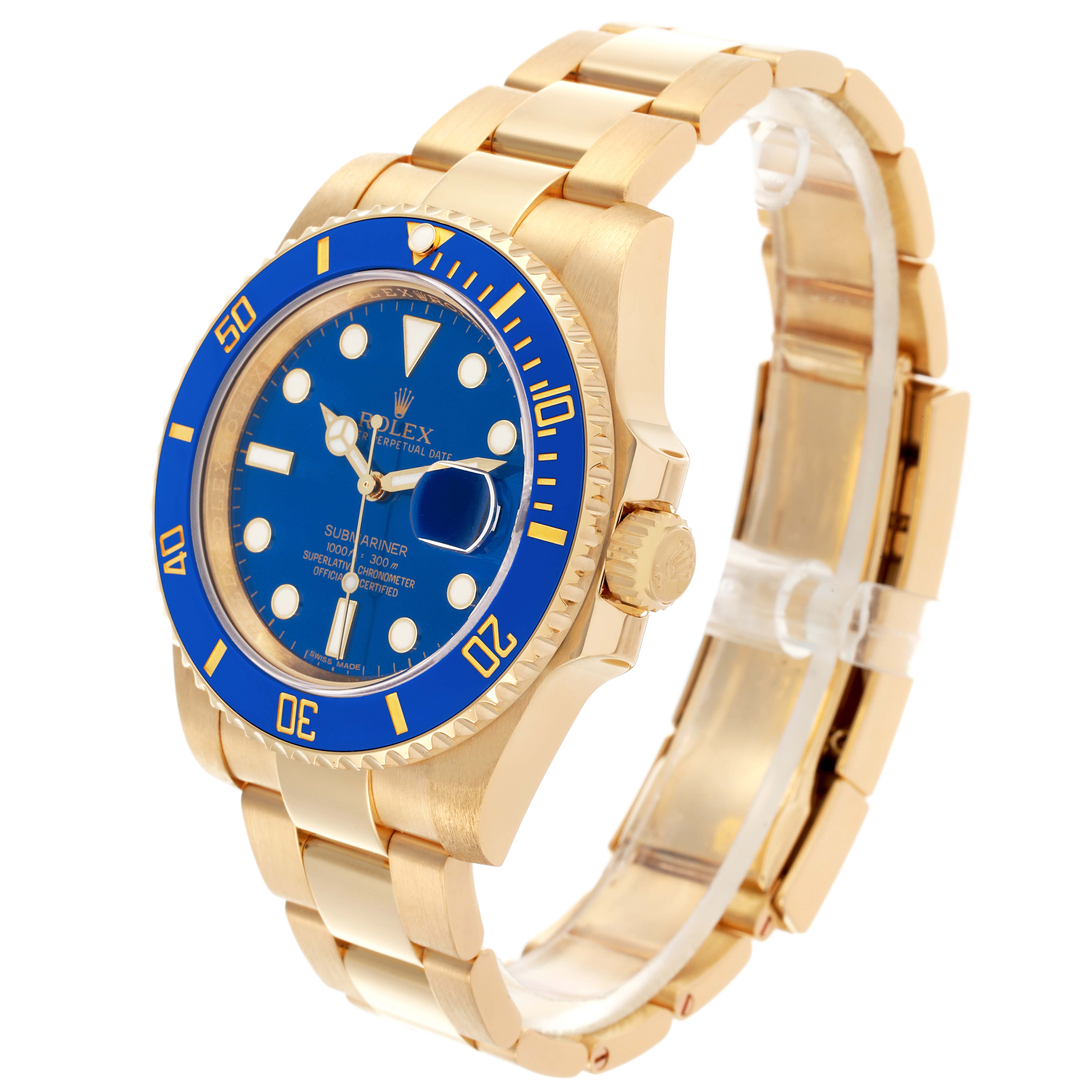 The Rolex Submariner 116618LB Men's Yellow Gold Blue Dial 116618LB Men's Yellow Gold Blue Dial watch is shown at a three-quarter angle, highlighting the bezel, dial, crown, and bracelet.